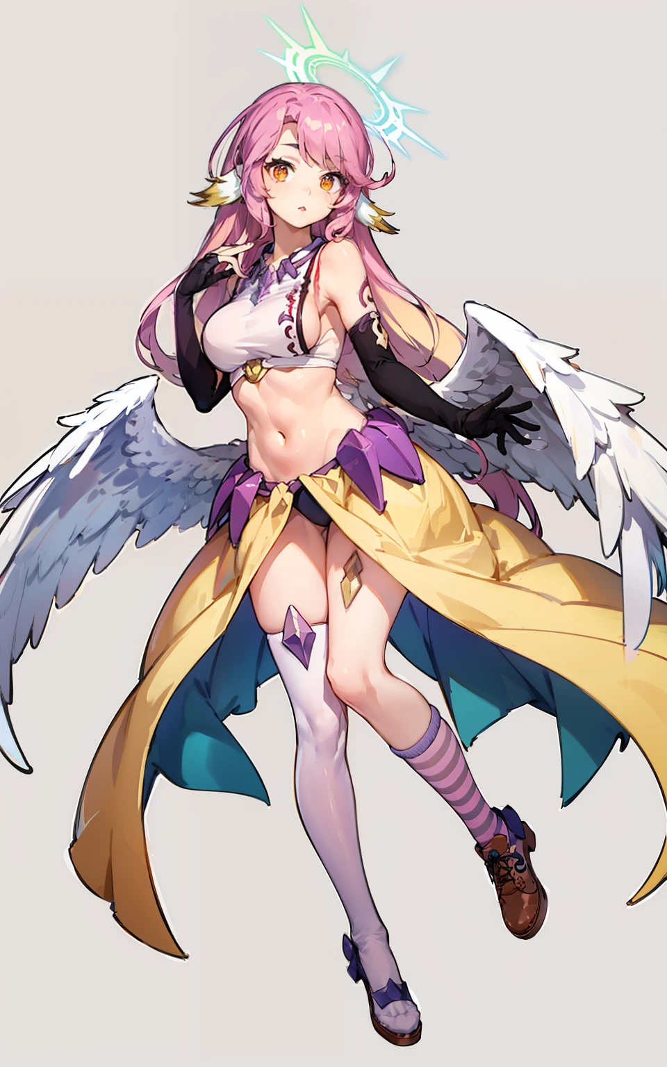 jibril 1girl, solo, long hair, breasts, sideboob, halo, pink hair, pink stocking, low wings, compass rose halo, wings, navel, book, gloves, bird ears, midriff, magic circle, asymmetrical legwear, angel, angel wings, animal ears, very long hair, yellow eyes, white wings, large breasts, mismatched legwear, single shoe, feathered wings, orange eyes, shoes, multicolored eyes, thighhighs, crop top, cross, multicolored hair, gradient hair, looking at viewer,