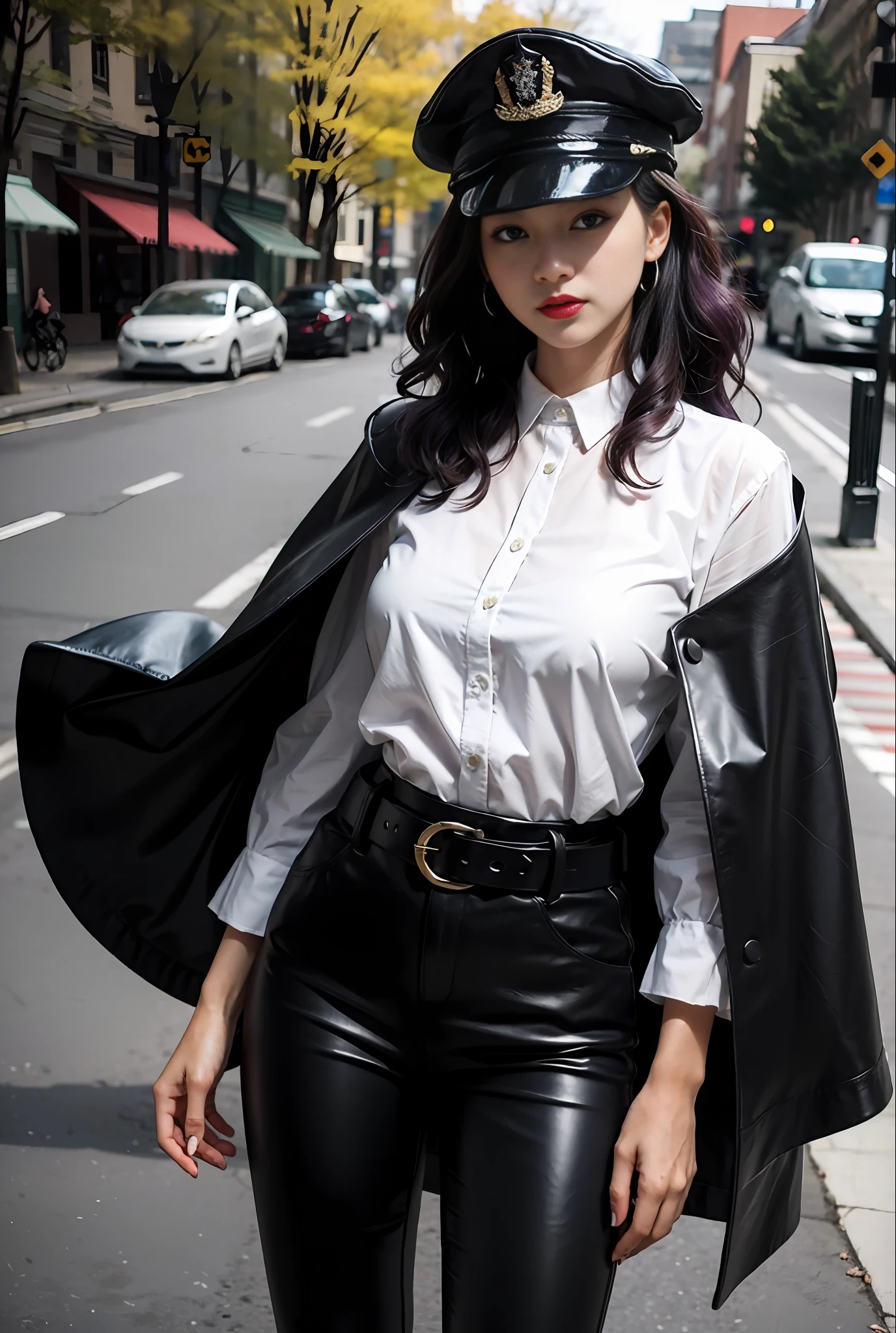 beatiful woman，Purple curly hair，Dress conservatively，white  shirt，military hat，Black leather pants，Cloak，crpg，Cold and glamorous，Redlip，belt around waist，Capable，
