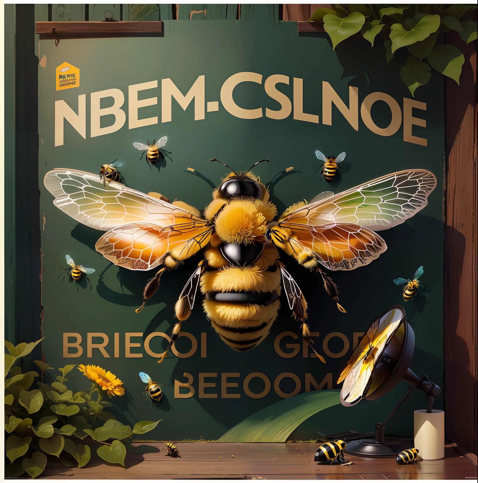 a poster with a bee and various objects on a green background, Nat Geo, poster