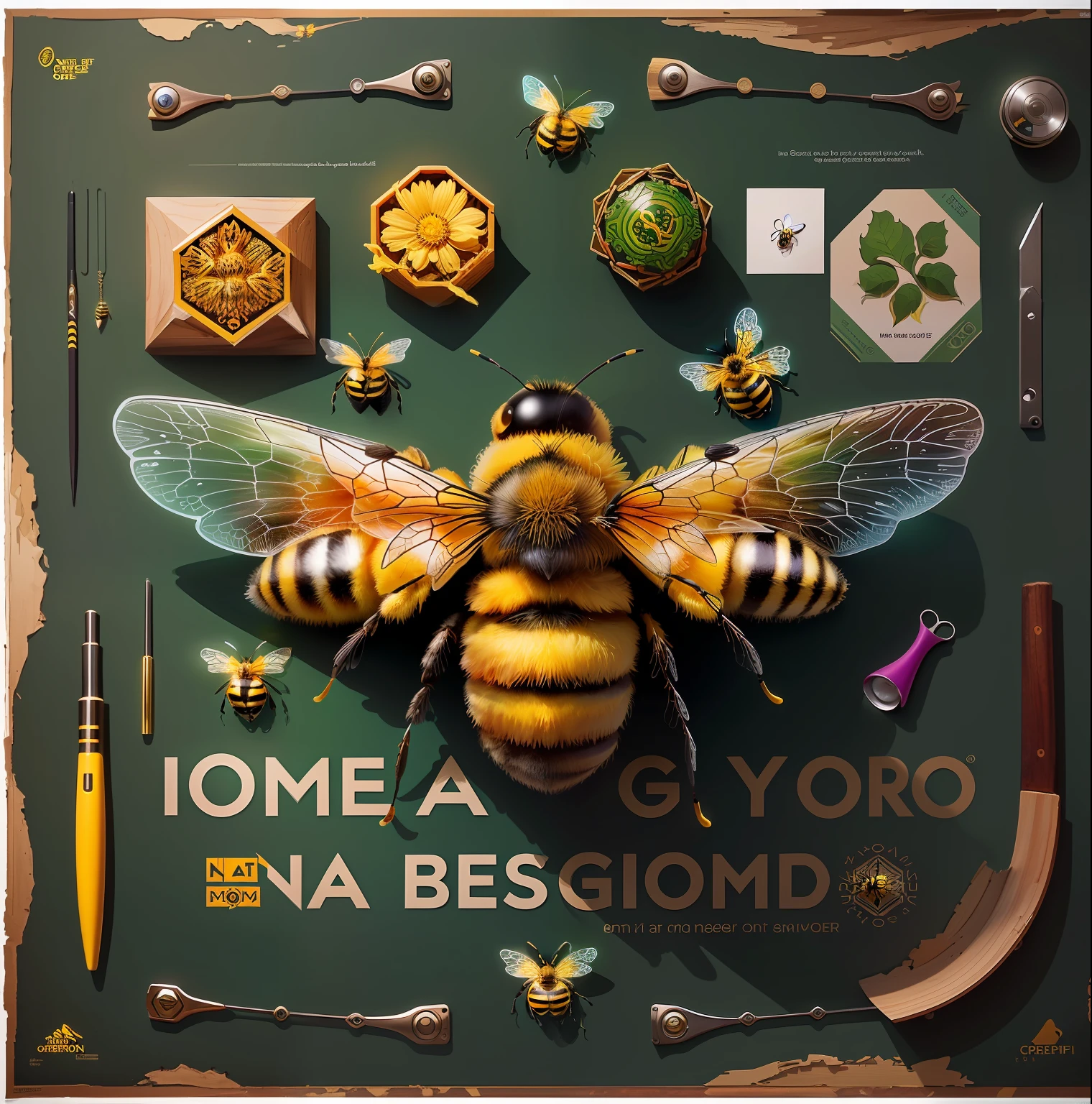 a poster with a bee and various objects on a green background, Nat Geo, poster