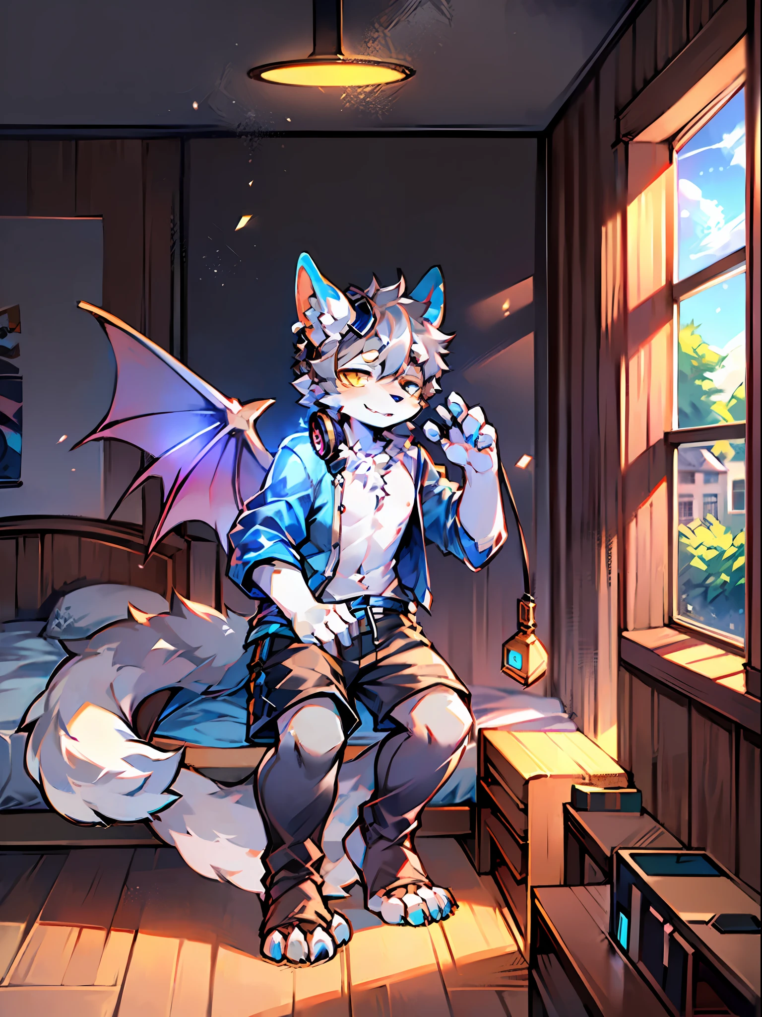 eyes with brightness, full room view, Character focus ,Full body like,独奏,solo person, Correct human anatomy。male people,One blue and one yellow eye,A pair of dragon wings, Gray hair(The long),Wear white ear headphones,There is a pair on the forehead(small nipple)Blue horn fluorescence,There was a boy by his side,In the room,onbed,Take control of the magic,Ice floating all around,grey shorts,pyjamas,Sleepy eyes,Young style,Height one meter seven,Handsome, There is a wolf tail,k hd,8K,1440*2048