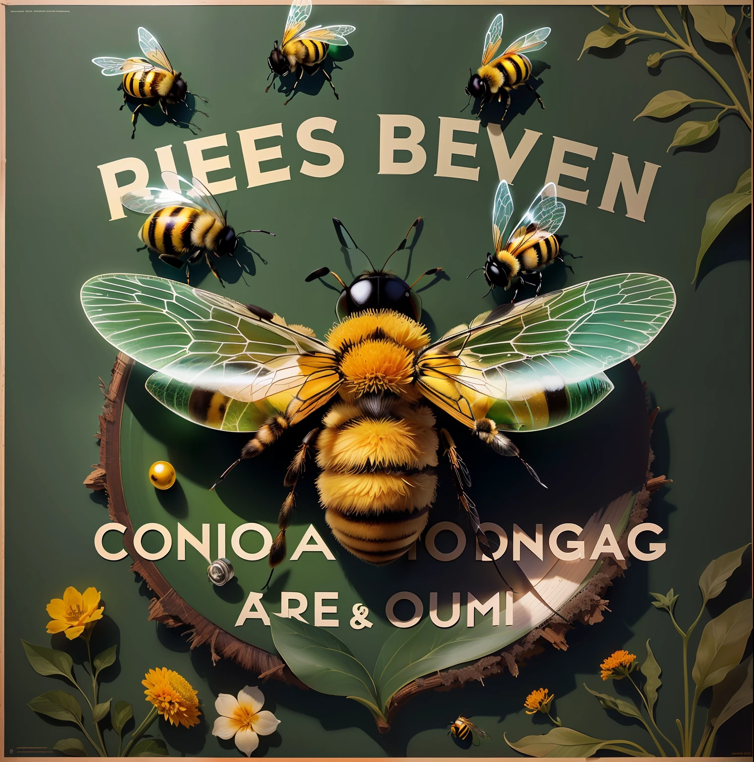 a poster with a bee and various objects on a green background, Nat Geo, poster