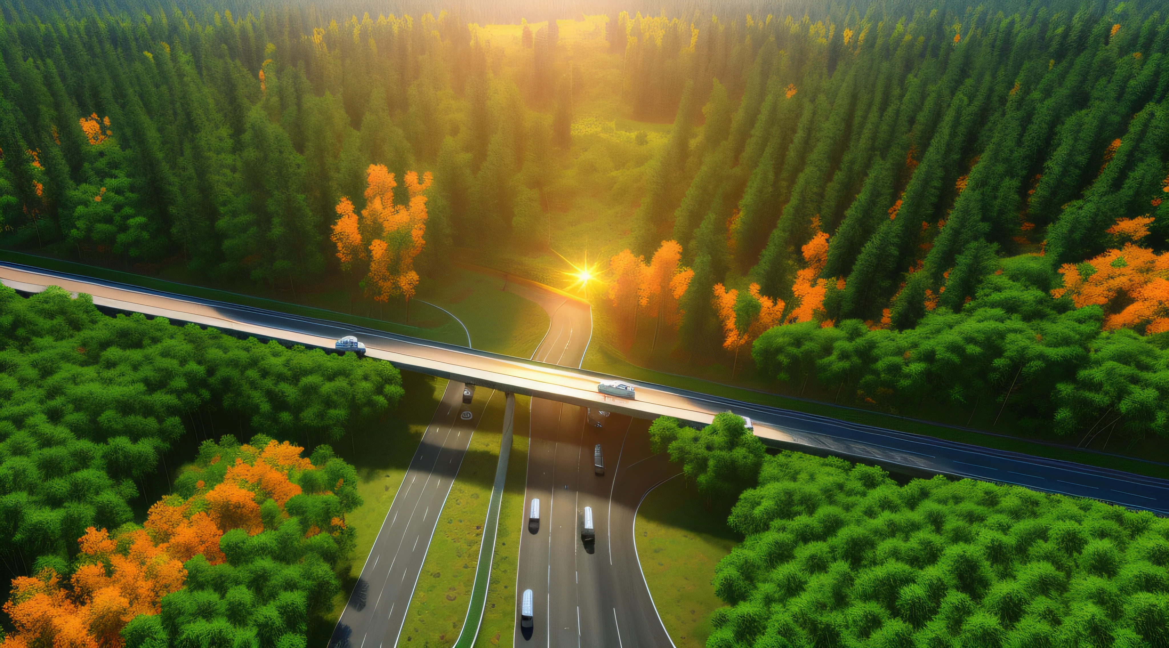 Transportation theme，Huge transport truck，freeway，forested，Realistic style，Sunlight shines from above，Screen warming，The sun is set above，Warm colors with gradients。Many large transport trucks and other vehicles weave between forests and lakes，Tilted viewing angle，Realistic details come to life