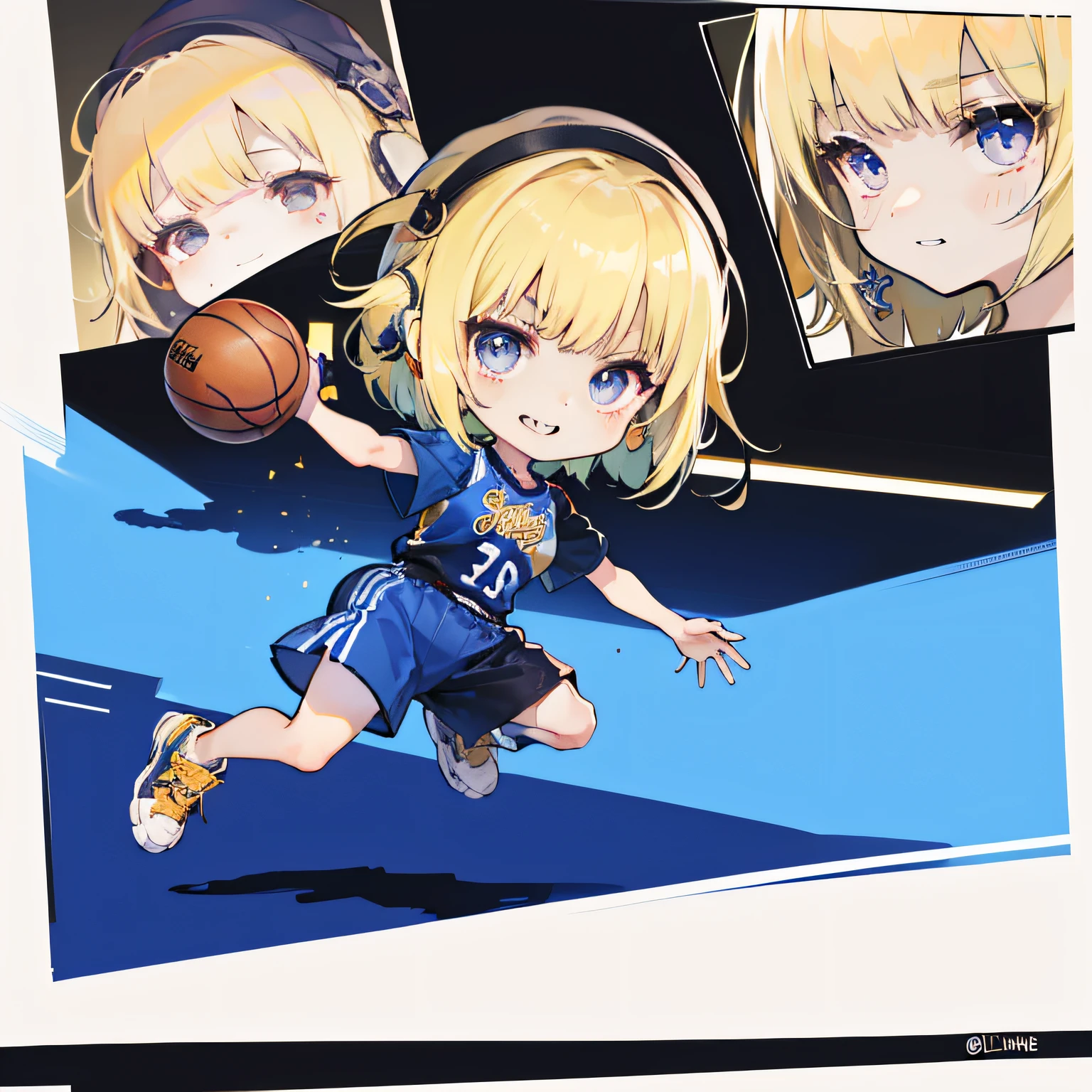 Chibi,([cute girl]:1.2), (basketball:1.2)Full body, detailed face, (cute smile), (bright eyes), (golden short hair), (sporty attire)Holding a basketball, (dribbling skills), (dynamic pose), (jumping or shooting)(Vibrant basketball court), (exciting atmosphere), (crowd cheering in the background)(Sunshine), (shadows), (dynamic lighting), (depth of field)