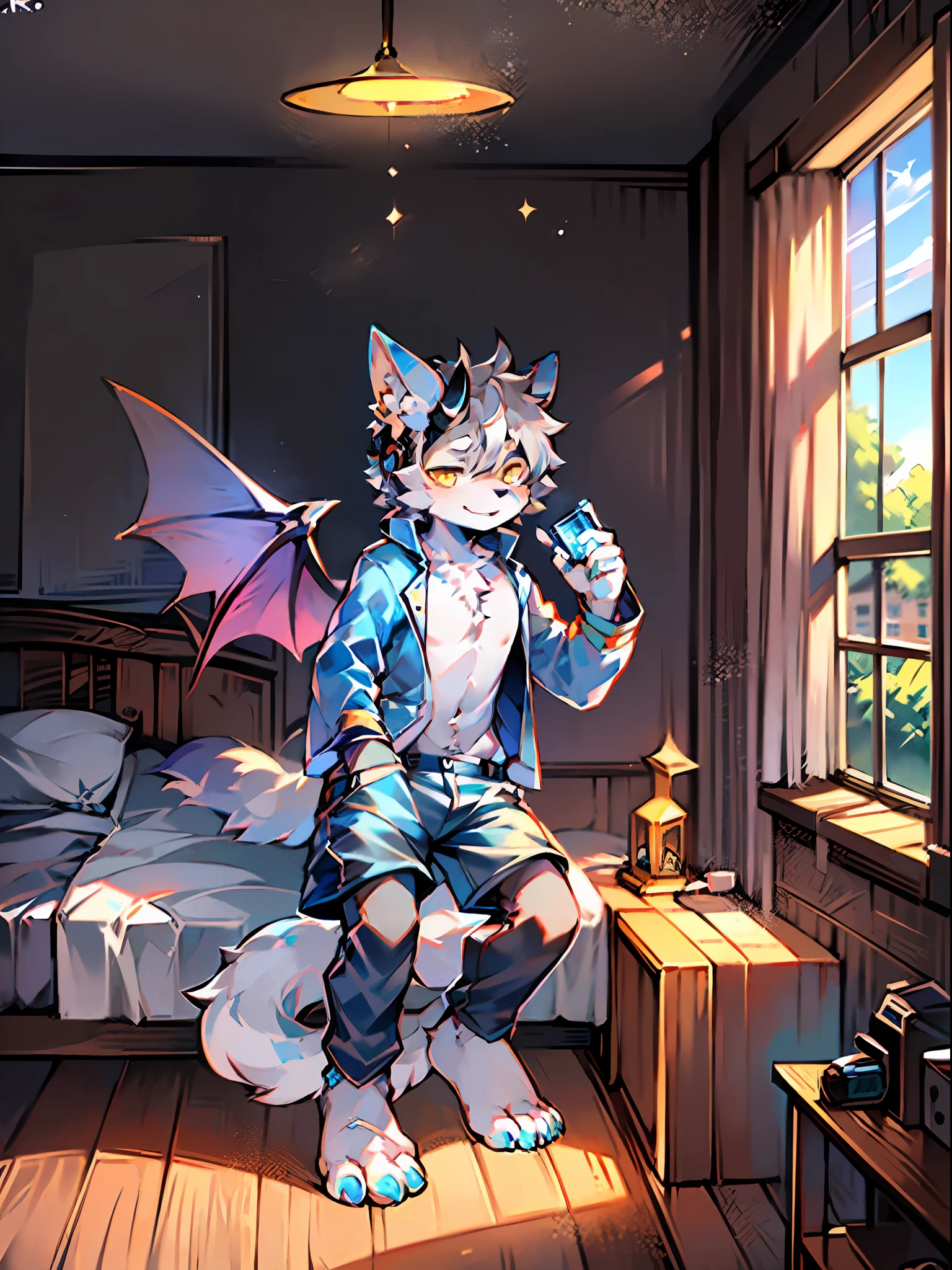 eyes with brightness, full room view, Character focus ,Full body like,独奏,solo person, Correct human anatomy。male people,One blue and one yellow eye,A pair of dragon wings, Gray hair(The long),Wear white ear headphones,There is a pair on the forehead(small nipple)Blue horn fluorescence,There was a boy by his side,In the room,onbed,Take control of the magic,Ice floating all around,grey shorts,pyjamas,Sleepy eyes,Young style,Height one meter seven,Handsome, There is a wolf tail,k hd,8K,1440*2048