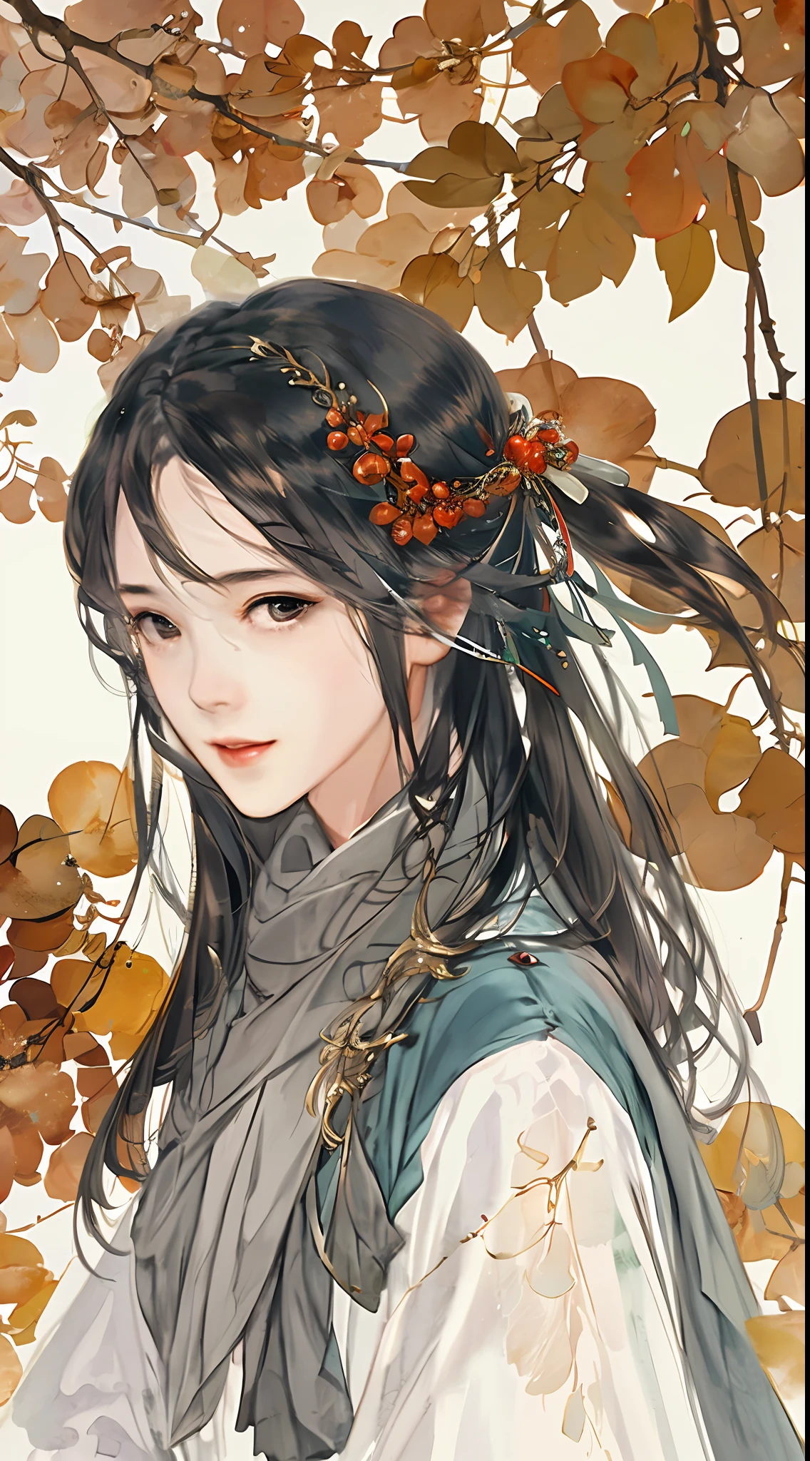 A woman in the woods,gray pupil,ssmile,a masterpiece of,Ink style,Midsummer,Falling leaves,raytrace,Close-up of,8K