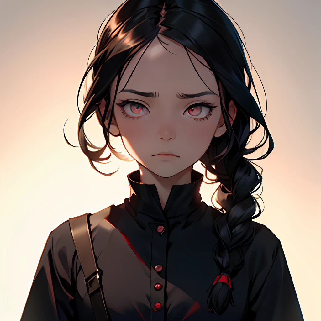 (smooth lighting), ((Beautiful eyes)),30mm lens,wide shot layout,wednesday addams BREAK 12years old,black hair,pale skin,red eyes,jitome,hollow eyes, half-closed eyes,detailed eyes,beautiful eyes,hair ornaments at hexagram,1girl,solo,braid,ashamed,troubled expression,best quality,ultra-detailed,(masterpiece),looking away,