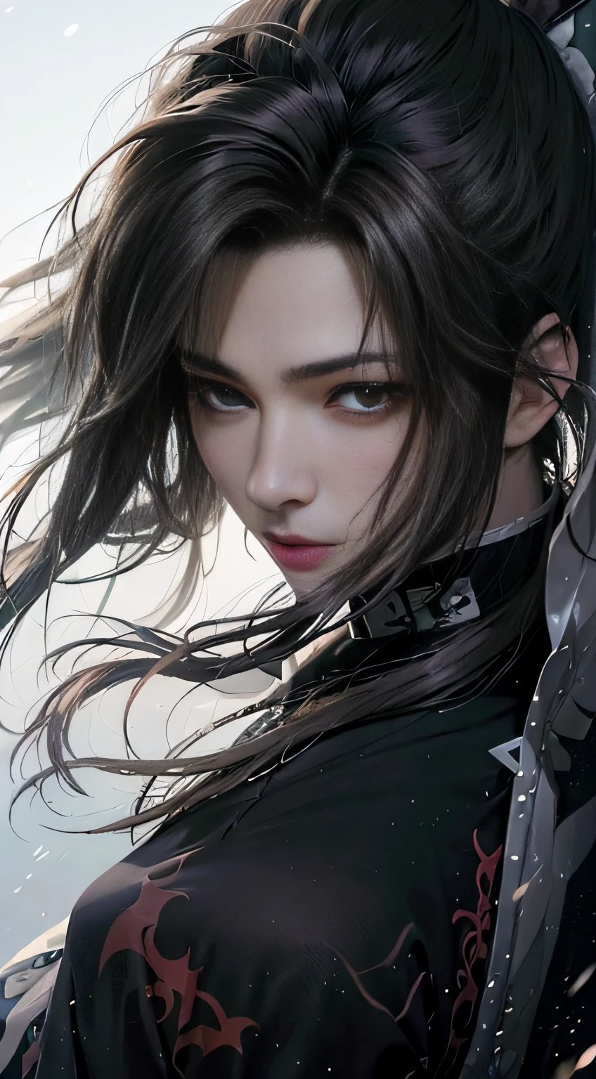 A 20-year-old heroine，length hair，Hanfu，Robe，Handsome face shape，Fierce and evil，The eyes are murderous，looking straight the viewer，true to life：1.2