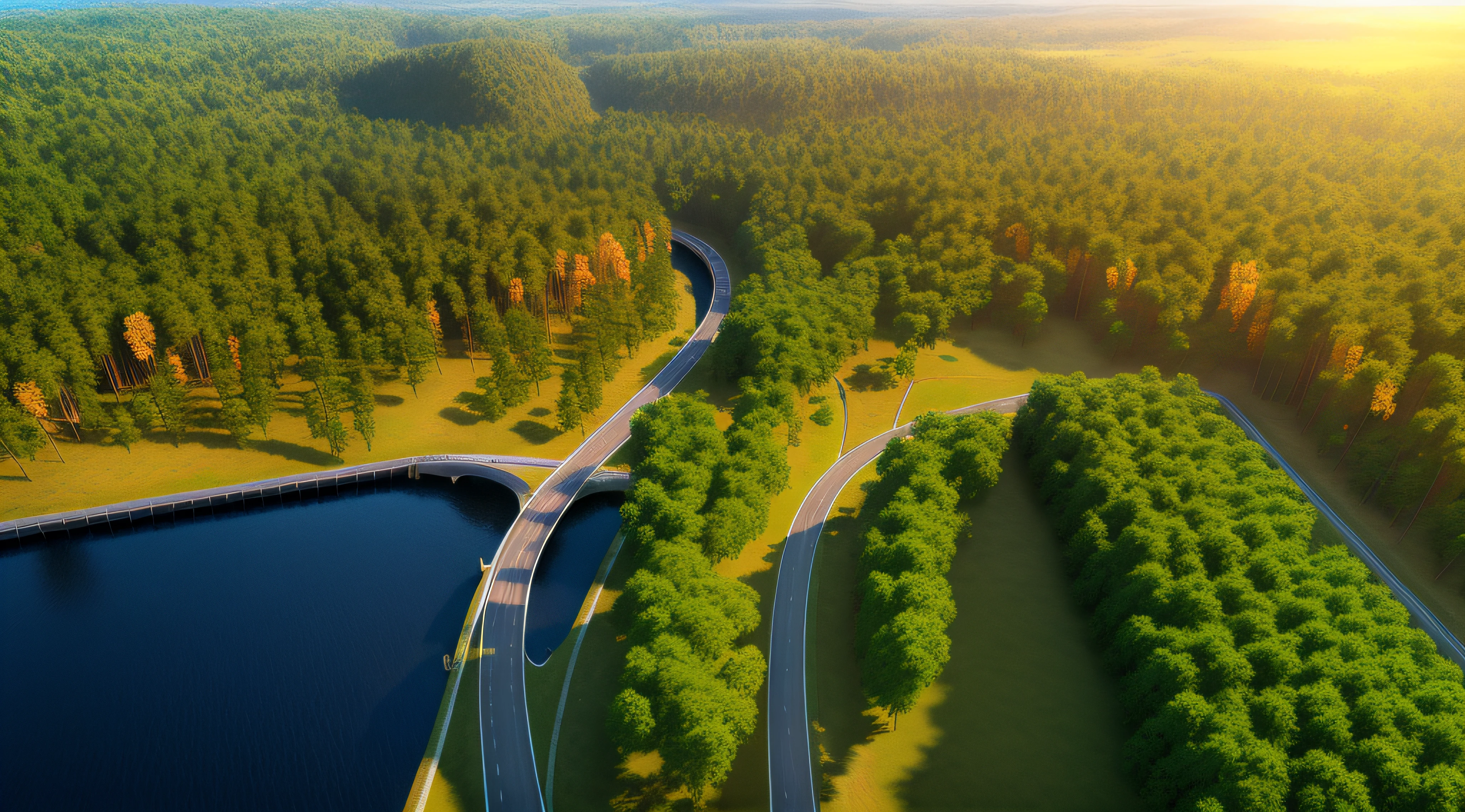 Large image width，freeway，viaduct，forested，lakes，Realistic style，Sunlight shines from above，Screen warming，The sun is set above，Warm colors with gradients。Large transport trucks and other vehicles weave between forests and lakes，Tilted viewing angle，Realistic details come to life。