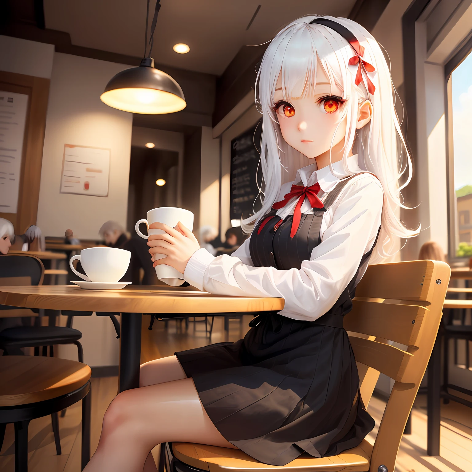 Sit at the front of the café table to yourself with red eyes, white hair, loli