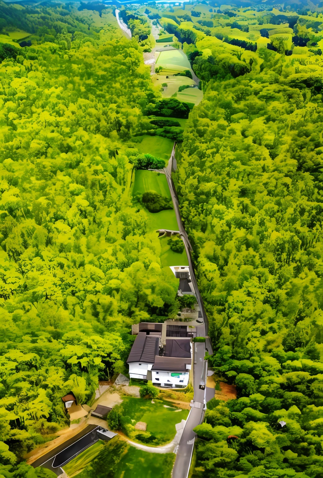 aerial view of a road running through a lush green forest, abandoned japaense village, above lush garden and hot spring, countryside in japan, view from slightly above, drone view, View from above, aerial shot from the drone, aerial view from above, looking from above, Japanese countryside, photo from above, drone shot, shot from drone