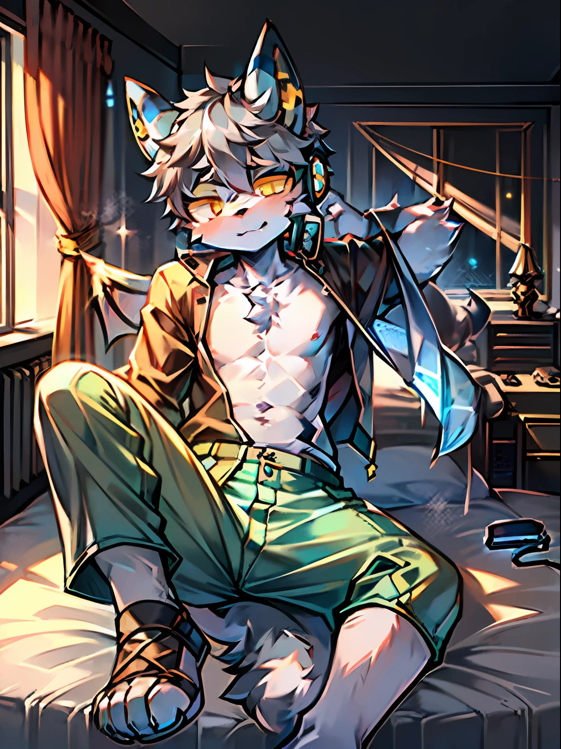 eyes with brightness, full room view, Character focus ，Full body like，独奏,solo person， Correct human ???????。male people，One blue and one yellow eye，A pair of dragon wings, Gray hair(The long），Wear white ear headphones，There is a pair on the forehead（small nipple）Blue horn fluorescence，There was a boy by his side，In the room，onbed，Take control of the magic，Ice floating all around，grey shorts，pyjamas，Sleepy eyes，Young style，Height one meter seven，Handsome， There is a wolf tail，k hd，8K，1440*2048