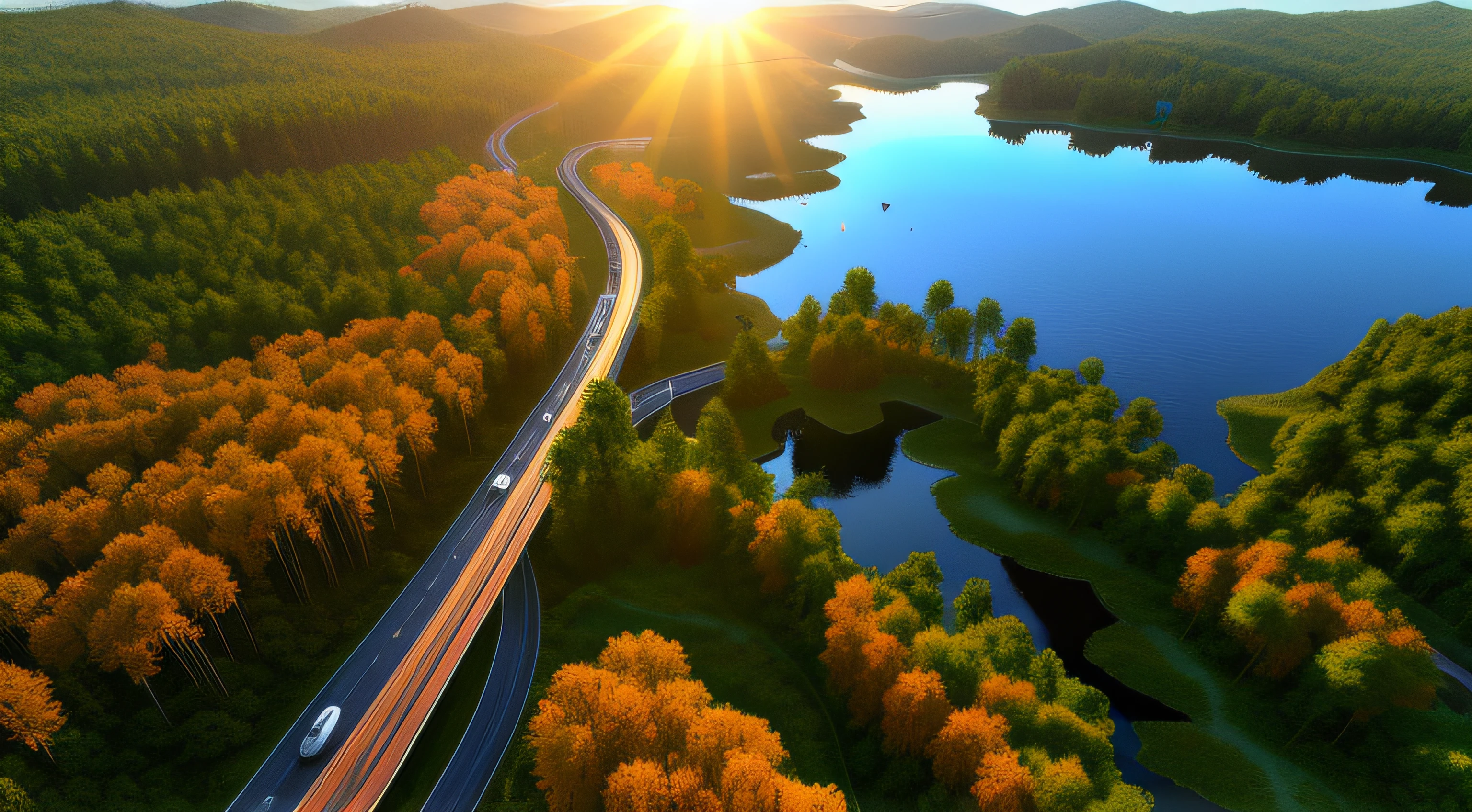 Large image width，freeway，viaduct，forested，lakes，Realistic style，Sunlight shines from above，Screen warming，The sun is set above，Warm colors with gradients。Large transport trucks and other vehicles weave between forests and lakes，Tilted viewing angle，Realistic details come to life。