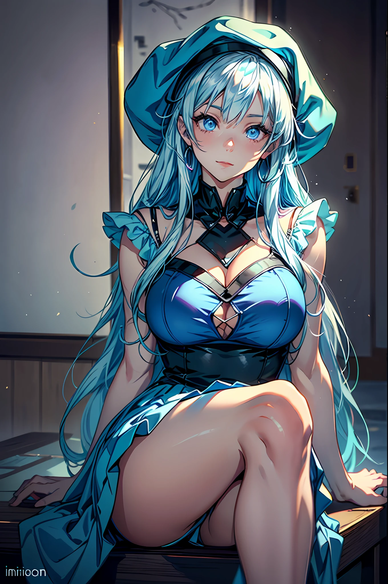 pov, knee level, dutch angle, cowboy shot, anime style, android mature woman, sitting, purple coolie hat, long hair, light blue hair, inner hair, detailed eyes, glow eyes, light blue eyes, irisdecent, shy face, light smile, white pale skin, porcelain skin, crossed legs, hand on cheek, purple and light blue dress skirt, long stockings