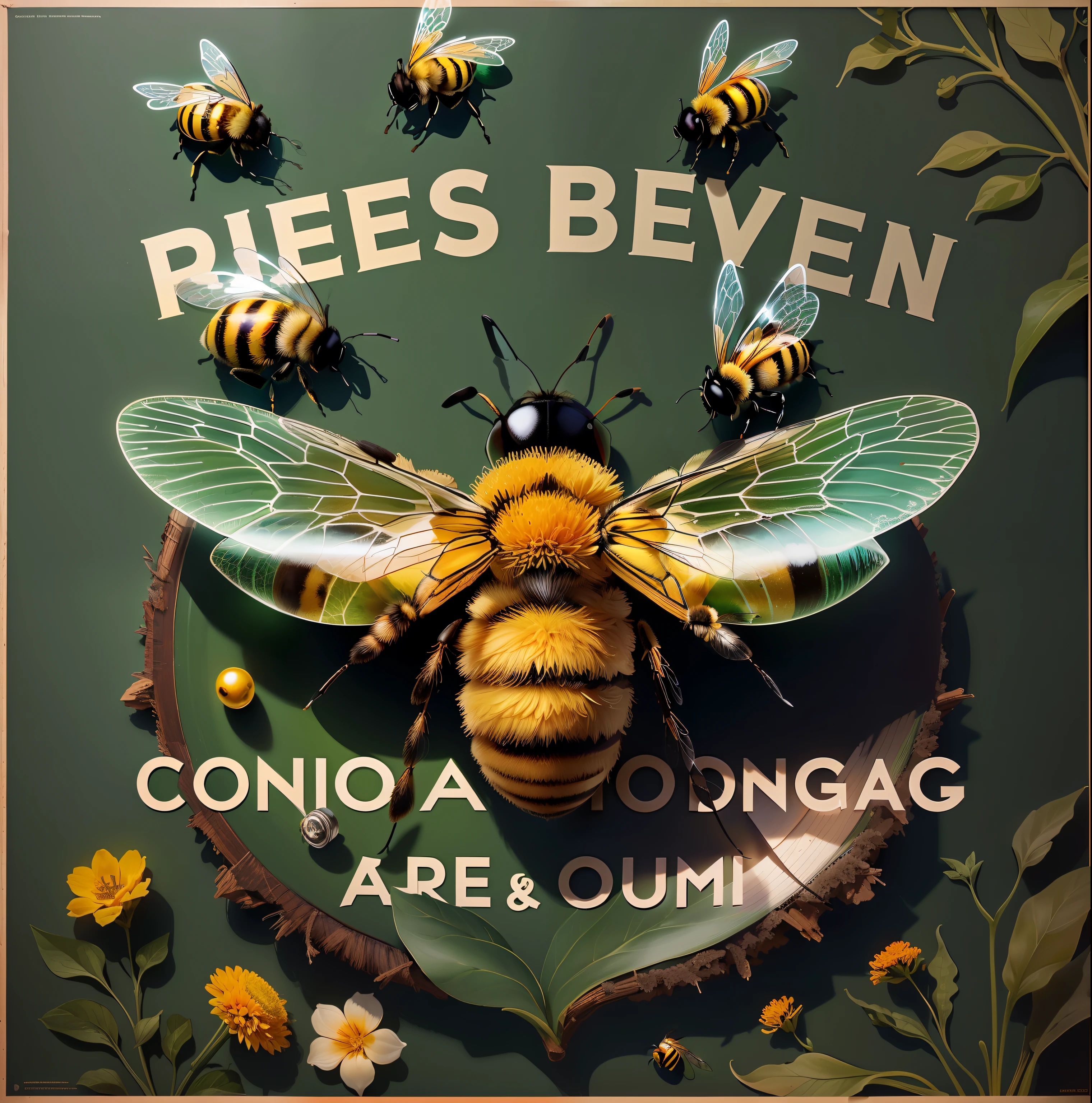 a poster with a bee and various objects on a green background, Nat Geo, poster