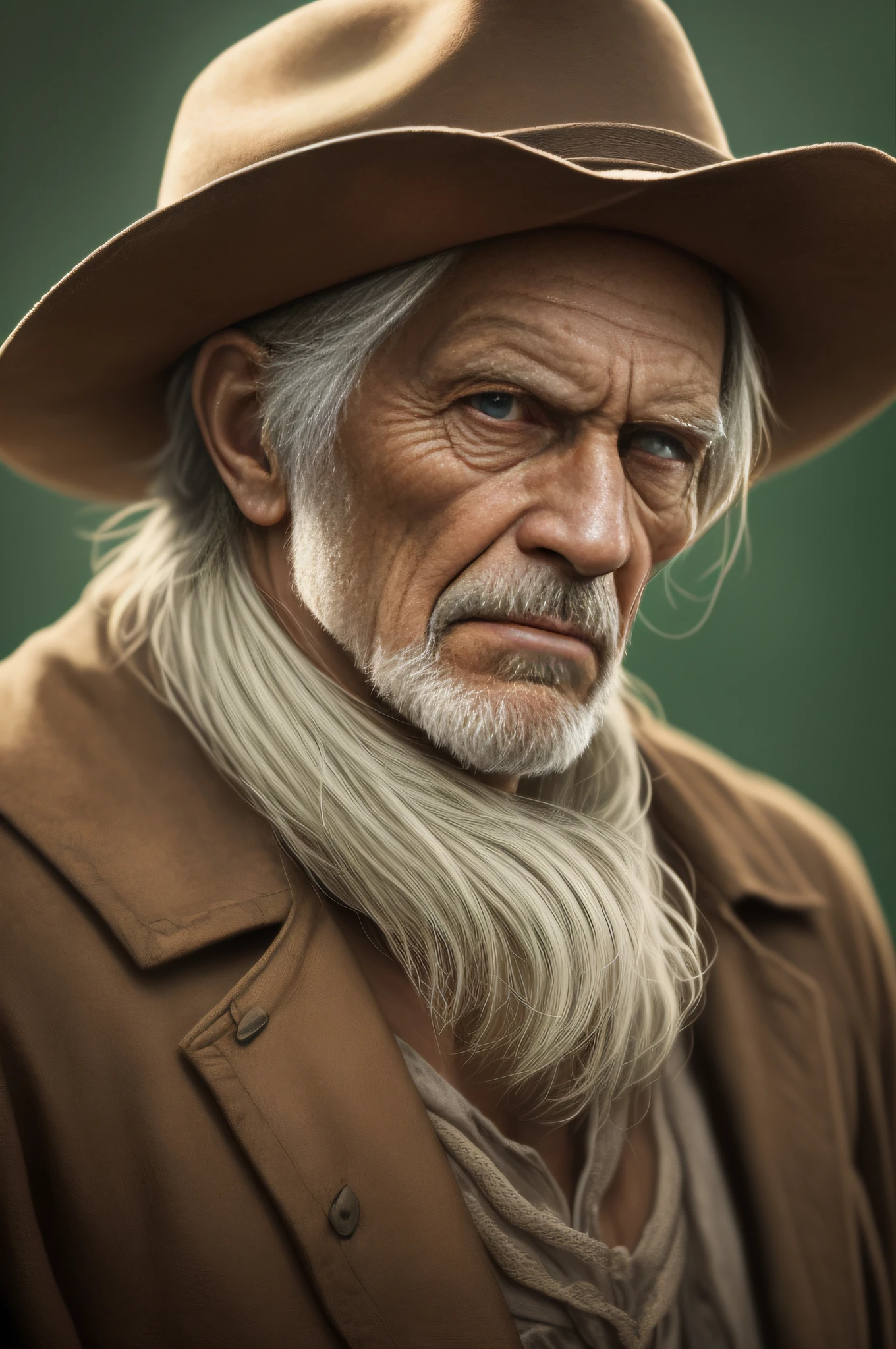 ((primitive, analogue style)) portrait of a handsome old cowboy, Half-smile, High detail intricate, Dramatic, skin pore, very dark lighting, heavyshading, Detailed, Detailed face, (vibrant, Realistic photo, Realistic, Dramatic, Dark, Sharp focus), ((filmgrain, skin detailed, Highly detailed skin texture, 8k hdr, Digital SLR)) aged green background