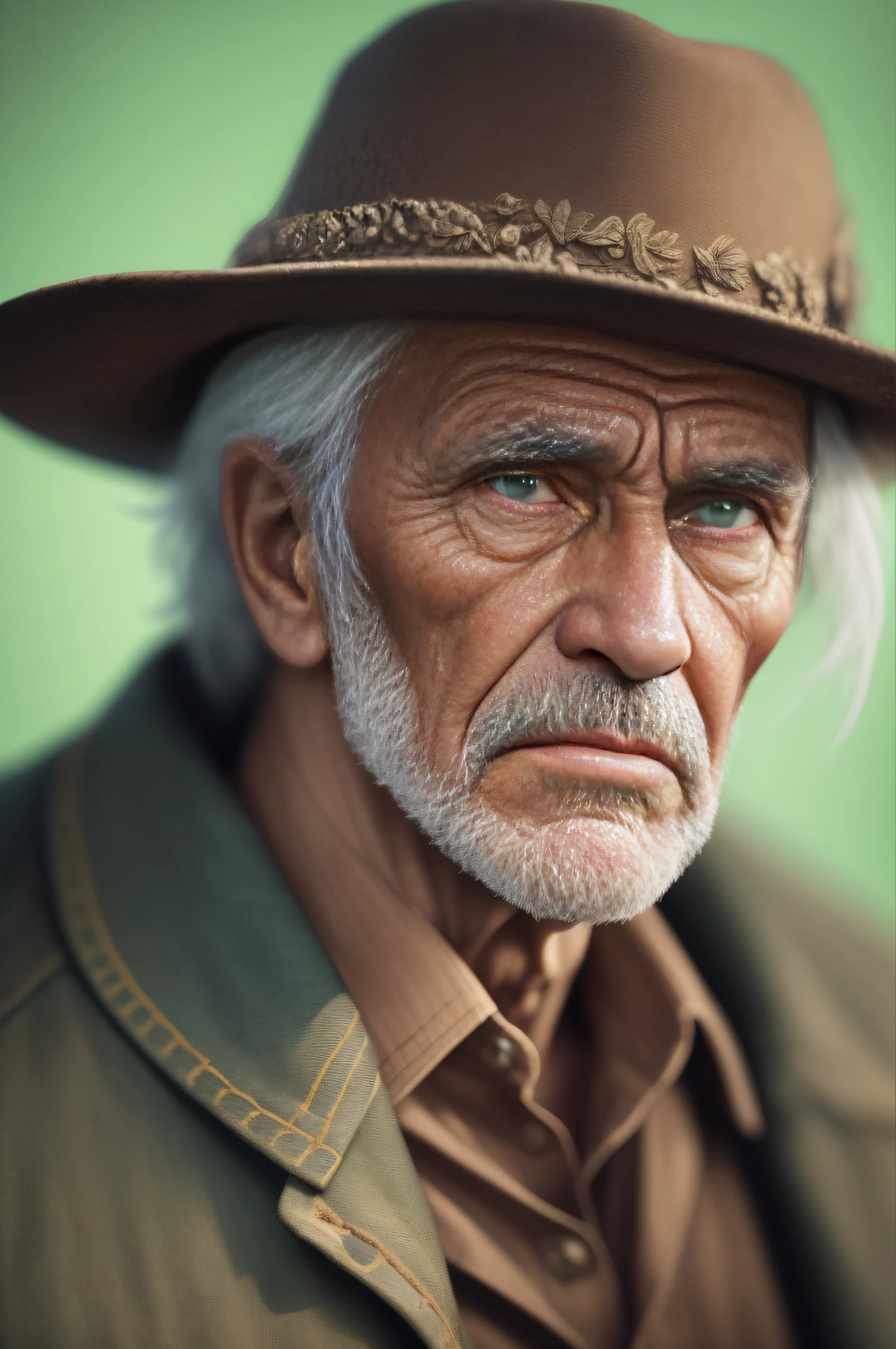 ((RAW, analogue style)) portrait of a handsome old cowboy, half-smile, High detail intricate, dramatic, skin pores, very dark lighting, heavy shadows, detailed, detailed face, (vibrant, realistic photo, realistic, dramatic, dark, sharp focus), ((film grain, skin detail, highly detailed skin texture, 8k hdr, dslr)) aged green background