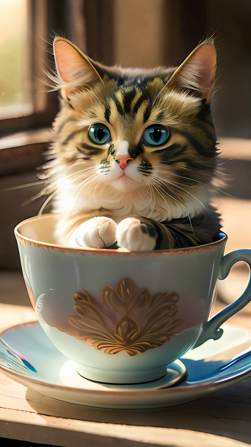 Cat, (Himalayan), (Small)))), in a teacup, Face, Front paws out, 8K, Professional photo, Delicate, Clear, On the table, Inside the house, Sunshine, Light Leak, Masterpiece, ((Pretty))), Fashionable Teacup, (Reality), Plush Toy, Round Pupils