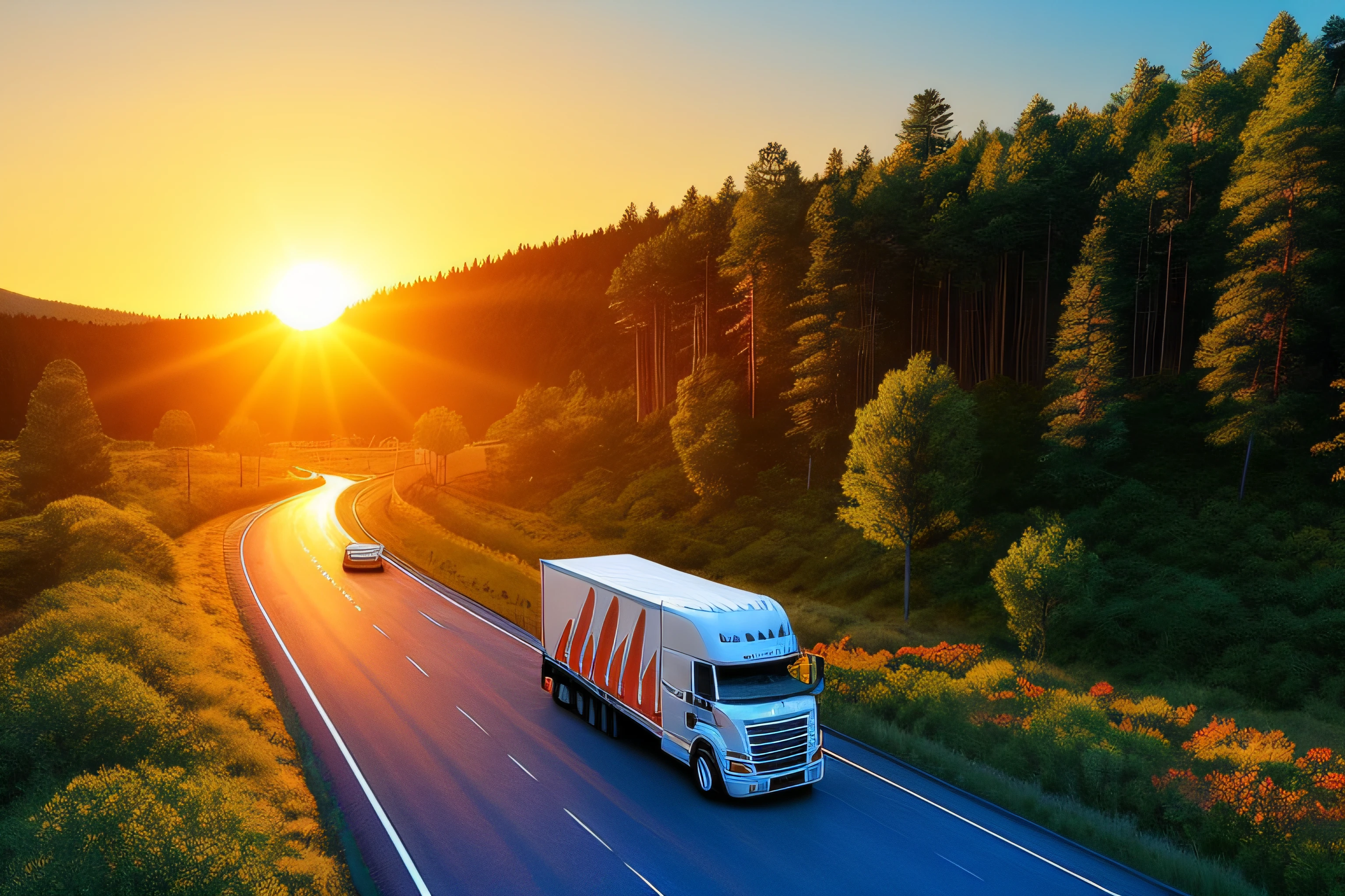 Transport truck and highway theme，Forests and lakes are needed around it，Tilt the viewing angle。The picture is magnificent，Realistic details，The sun is set above the screen，Presents warm colors，Style with gradients and strong contrasts。