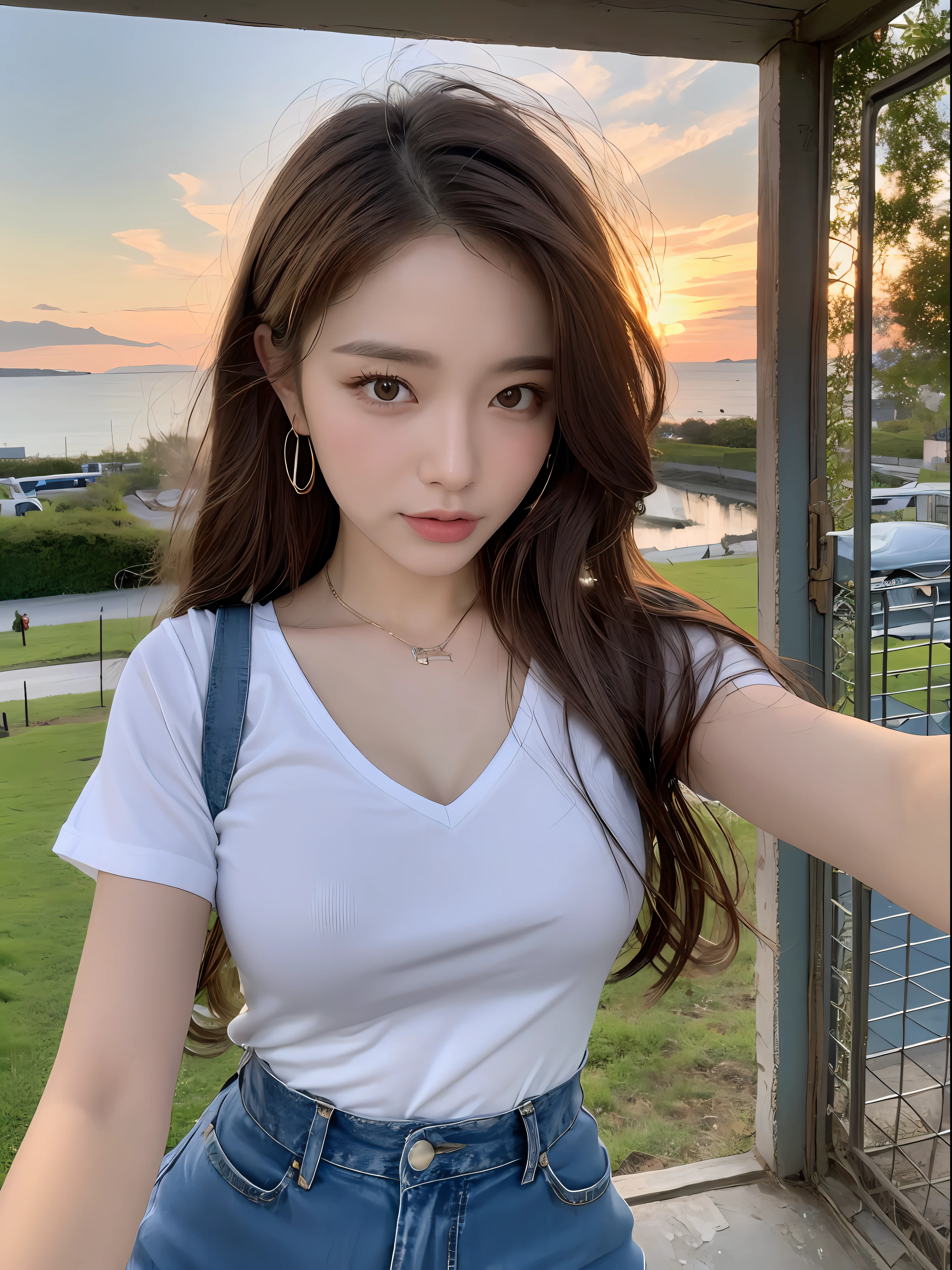 ((, need, 8K, tmasterpiece:1.3)), 1female,Upper body body,A selfie photo,crepuscular,Focalors:1.2, perfect figure beautiful woman:1.4, skyward,Sunset sunset:1.1, ((Dark brown hair )), (whitet-shirt,standingn:1.2), ((outside:1.3)), Highly detailed facial and skin texture, detailed eye, 双眼皮,