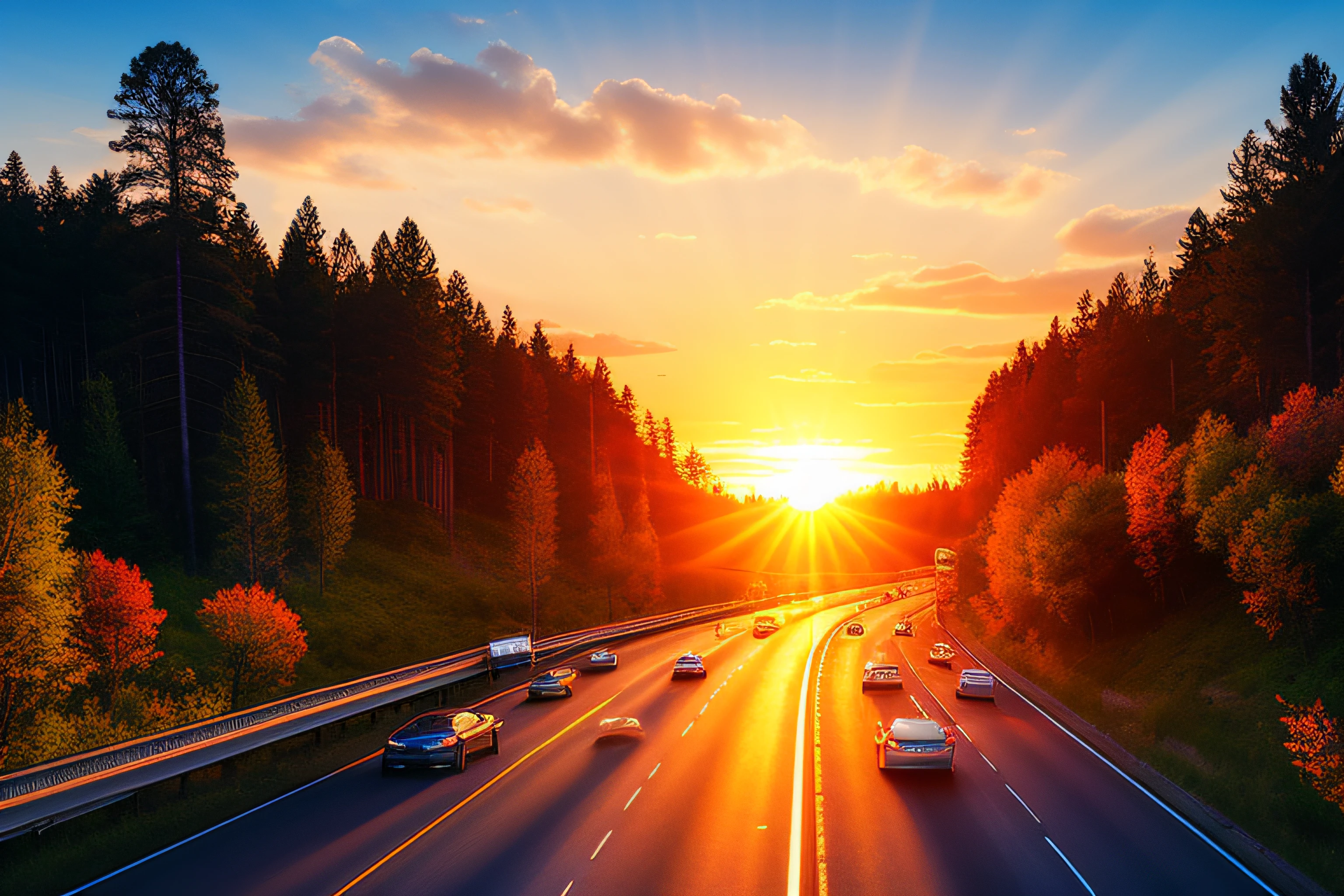 Traffic Theme Banner，freeway，Forests and lakes are needed around it，Tilt the viewing angle。The picture is magnificent，Realistic details，The sun is set above the screen，Presents warm colors，Style with gradients and strong contrasts。