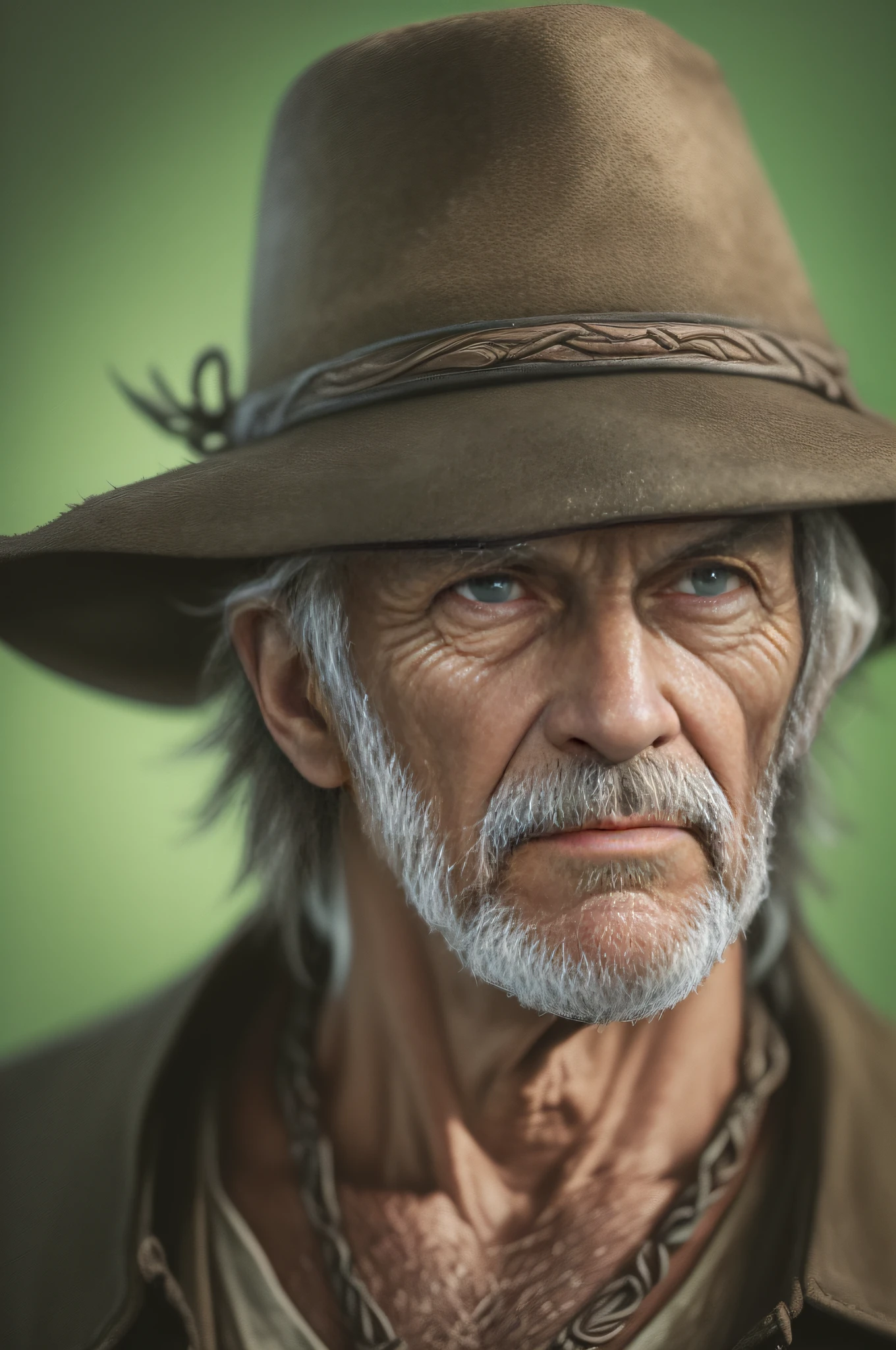 ((primitive, analogue style)) portrait of a handsome old cowboy, Half-smile, High detail intricate, Dramatic, skin pore, very dark lighting, heavyshading, Detailed, Detailed face, (vibrant, Realistic photo, Realistic, Dramatic, Dark, Sharp focus), ((filmgrain, skin detailed, Highly detailed skin texture, 8k hdr, Digital SLR)) aged green background