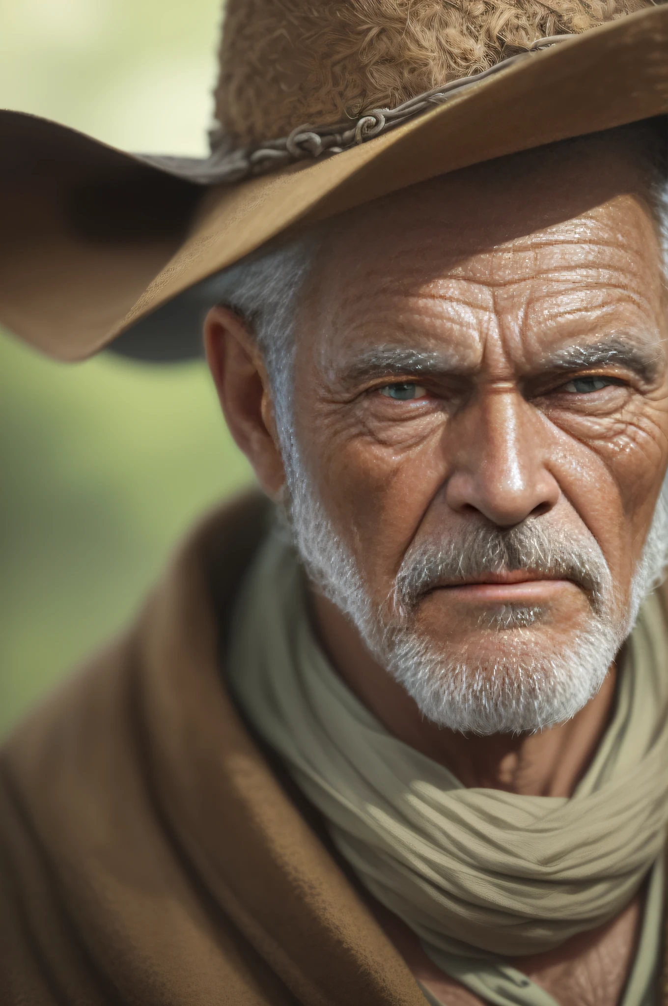 ((primitive, analogue style)) portrait of a handsome old cowboy, Half-smile, High detail intricate, Dramatic, skin pore, very dark lighting, heavyshading, Detailed, Detailed face, (vibrant, Realistic photo, Realistic, Dramatic, Dark, Sharp focus), ((filmgrain, skin detailed, Highly detailed skin texture, 8k hdr, Digital SLR)) aged green background