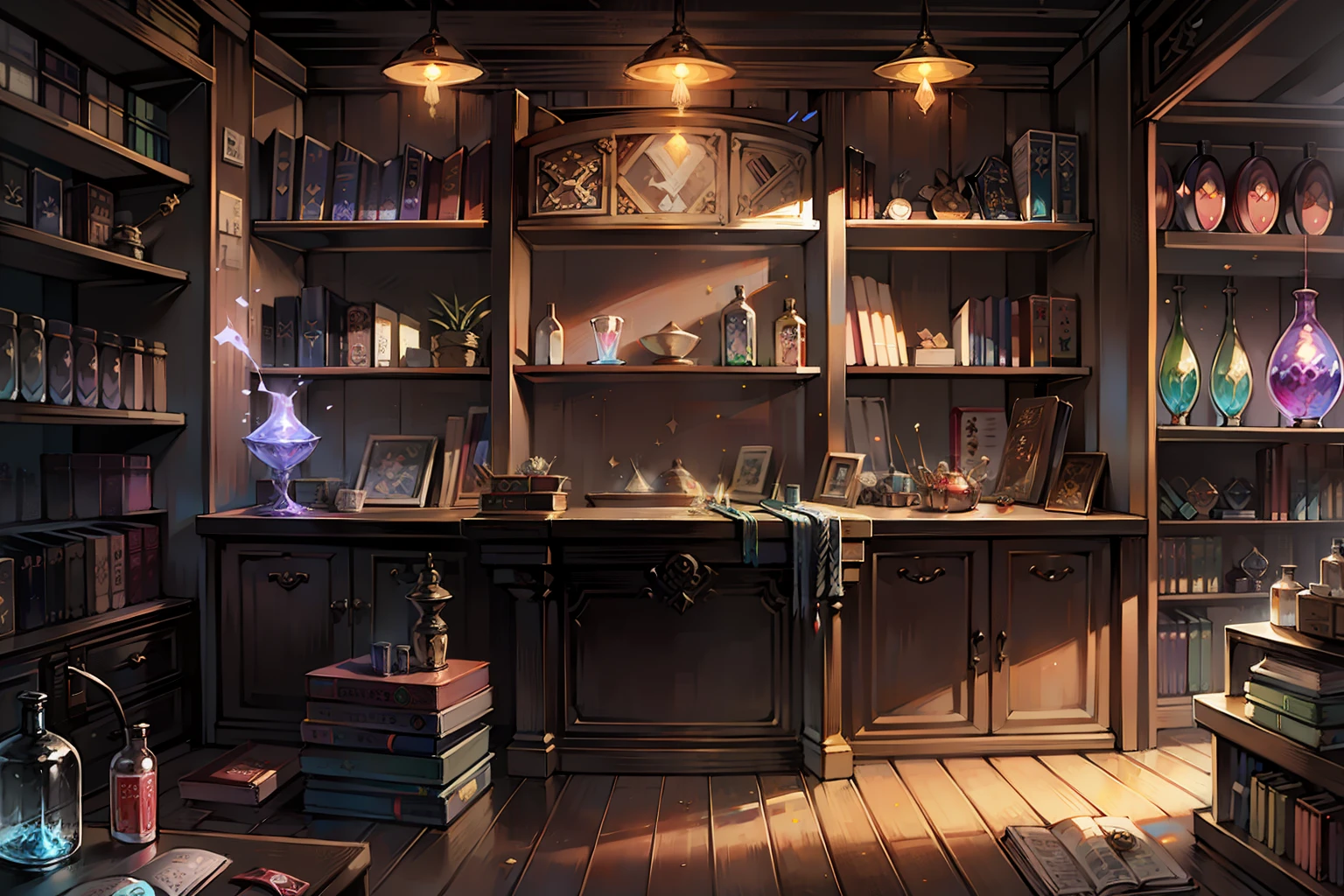Japanese department stores,Frontal composition,Magic Shop,interior scenes,Glowing goods,Settlement desk,A table where items are kept,Magic potion,Magic Book