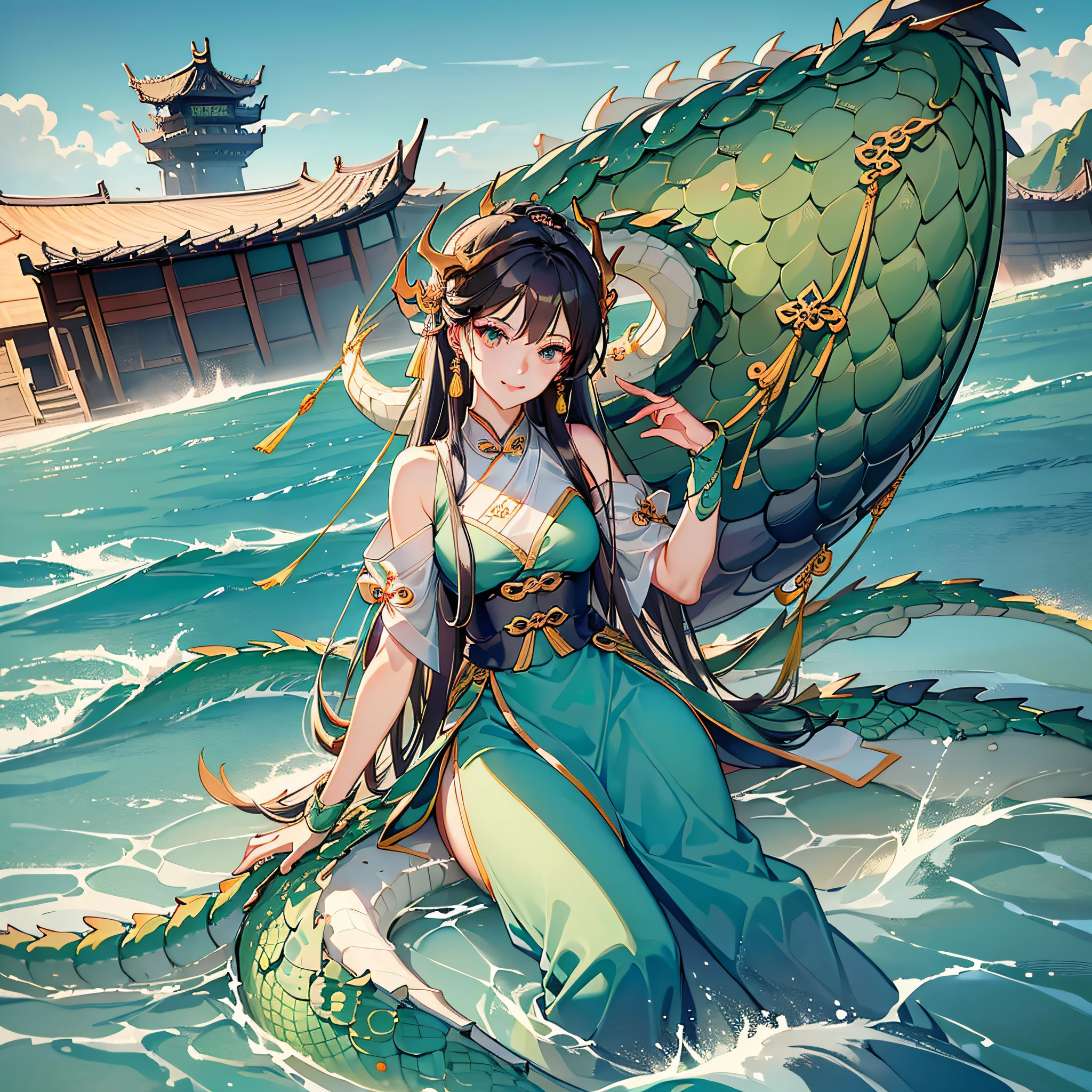 Best quality,masterpiece,ultra high res,Summer,Green,(dragon:1.5),Indocalamus Leaf,longzhou,1 girl,(bright eyes, sun-kissed skin, carefree expression),smile,boat,(There are more boats in the distance:1.5),,longzhou,There's sticky rice on the boat,boat,watercraft,