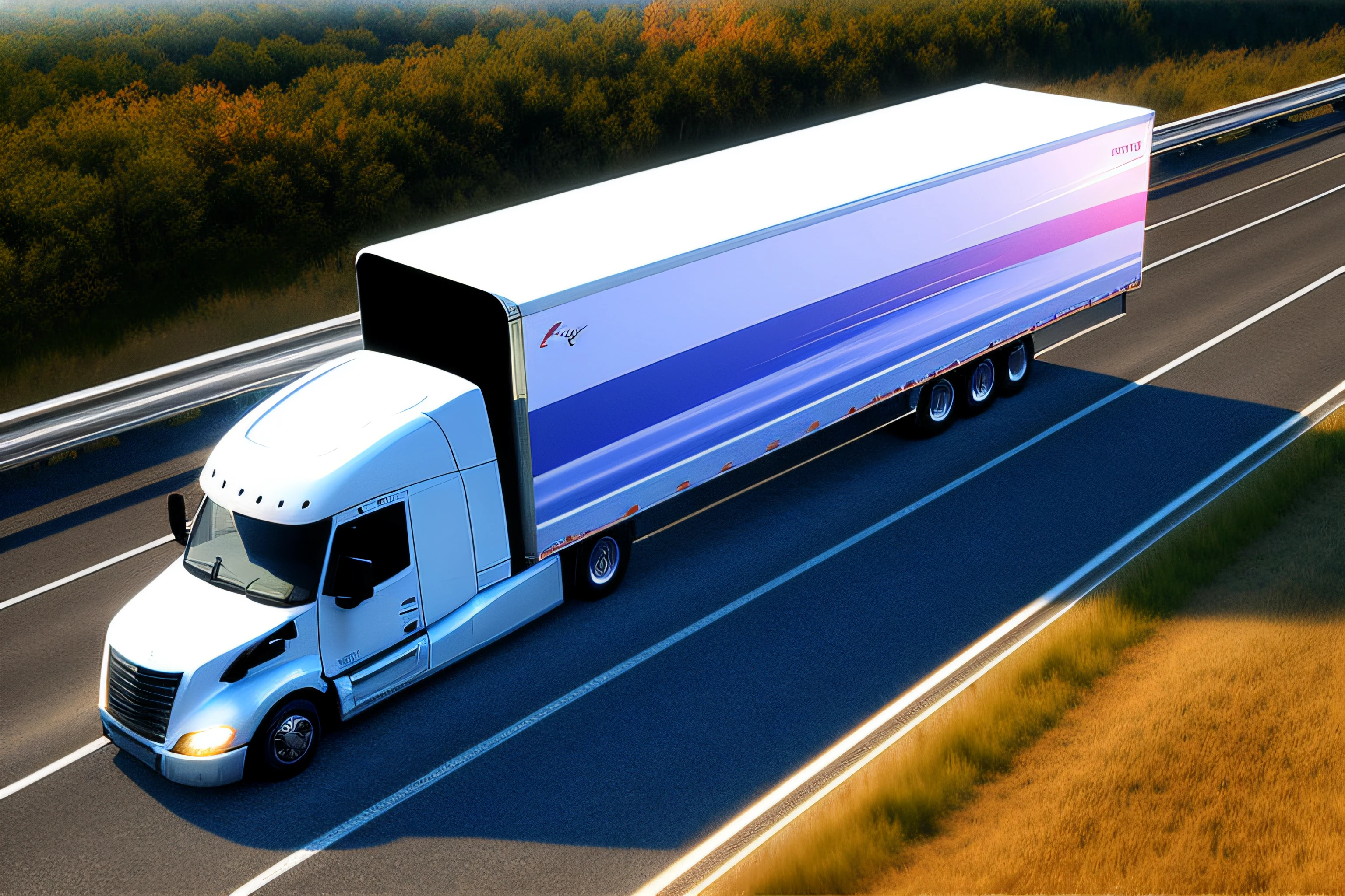 High-quality transportation theme banner，Highway and transport truck and bird's eye view，The truck size needs to be large，The picture is magnificent，Realistic details，The sun is set above the screen，Presents warm colors，Style with gradients and strong contrasts，Let the light and shadow change in an instant，Grab the user's eye。