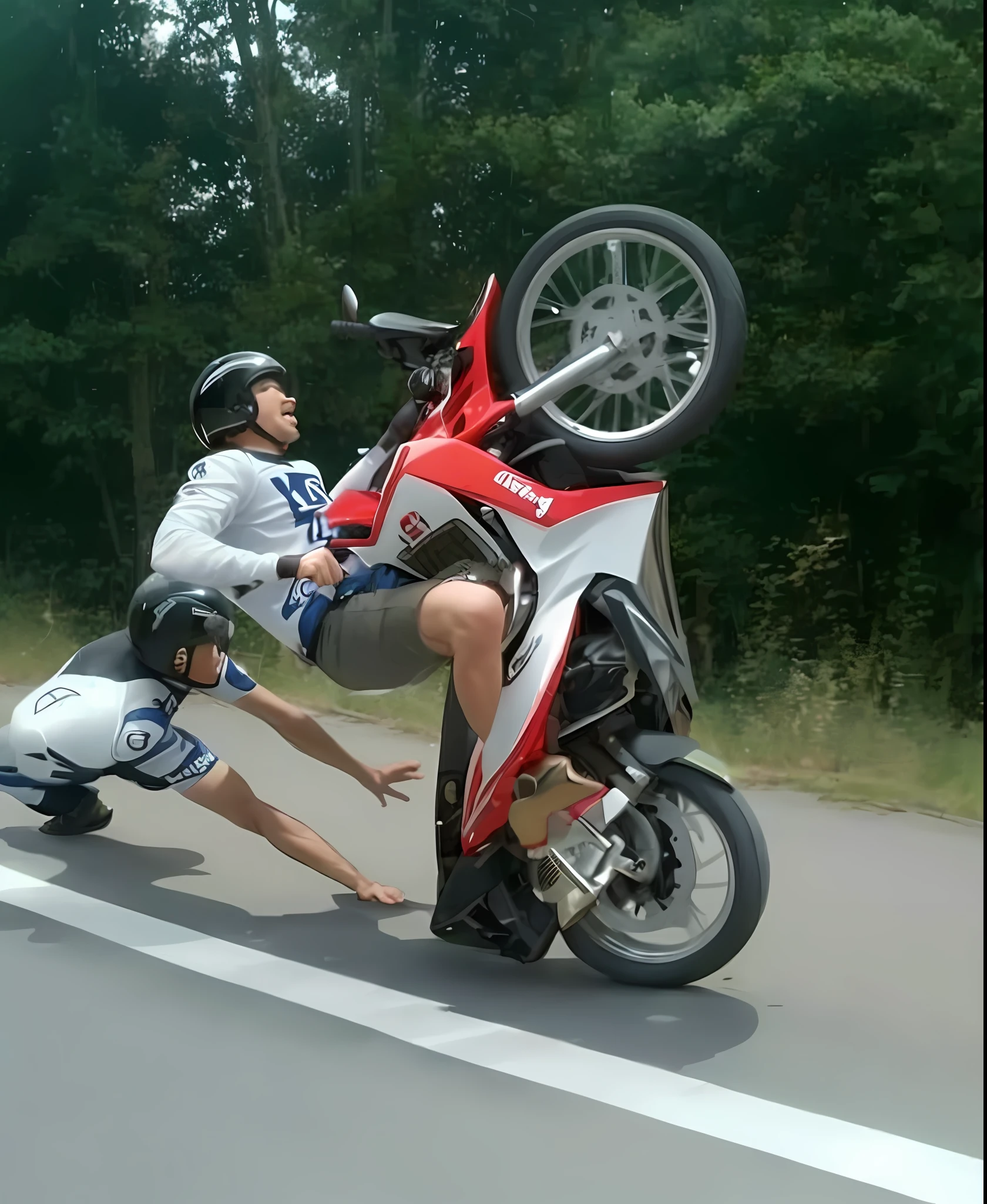 there is a man that is kneeling down on a motorcycle, funny photo, no helmet!!!!, wheelie, insane action pose, funny meme, riding a motorbike, funny picture, very artistic pose, accident, no helmet, extreme pose, funny meme photo, viral photo, motorbike, riding a motorcycle, by Yi Insang, really funny, photoreailstic