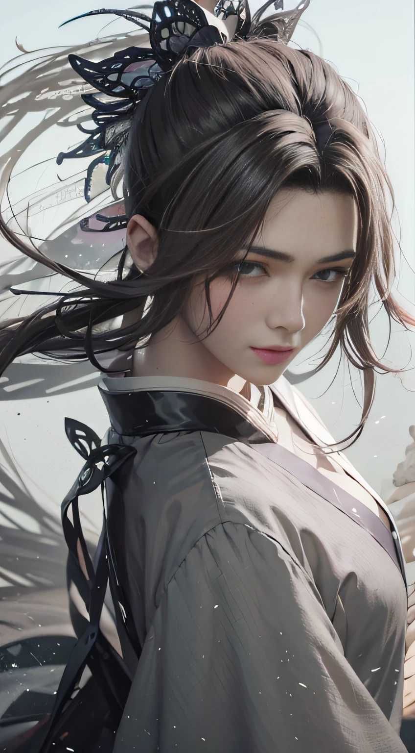 A 20-year-old heroine,length hair,Hanfu,Robe,Handsome face shape,Fierce and evil,The eyes are murderous,looking straight the viewer,true to life:1.2