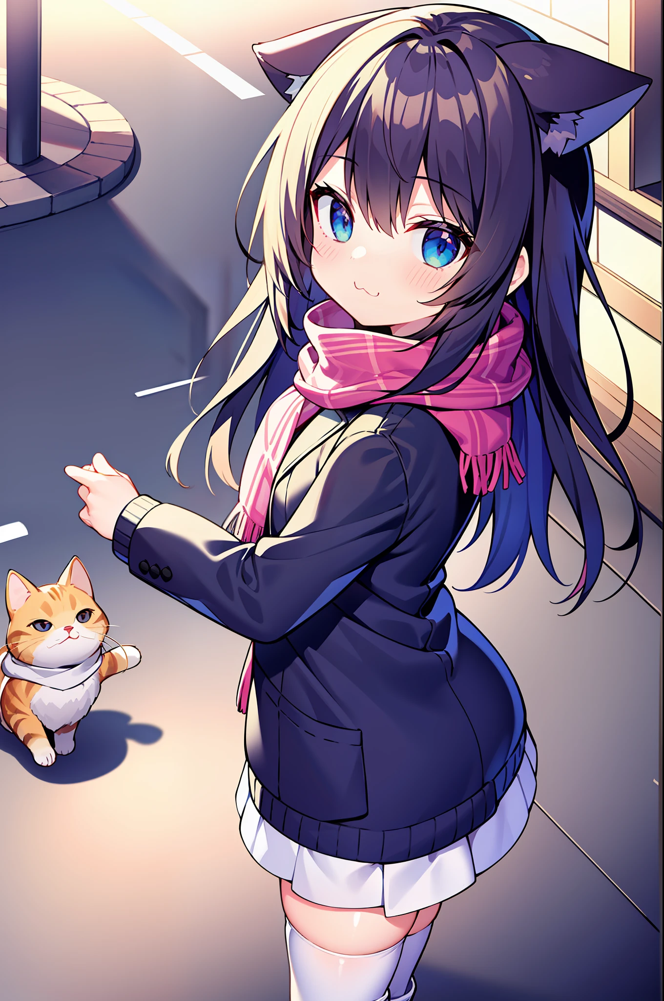 tmasterpiece, Need, 1girl, whaite hair, middle long hair, cat ear, eye closeds, looking looking at viewer, :3, lovly, scarf, jaket, exteriors, the street,White panty hose,White boots