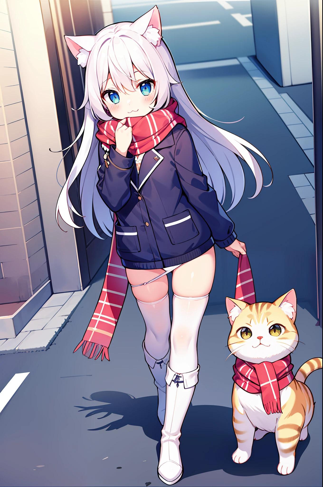 tmasterpiece, Need, 1girl, whaite hair, middle long hair, cat ear, eye closeds, looking looking at viewer, :3, lovly, scarf, jaket, exteriors, the street,White panty hose,White boots