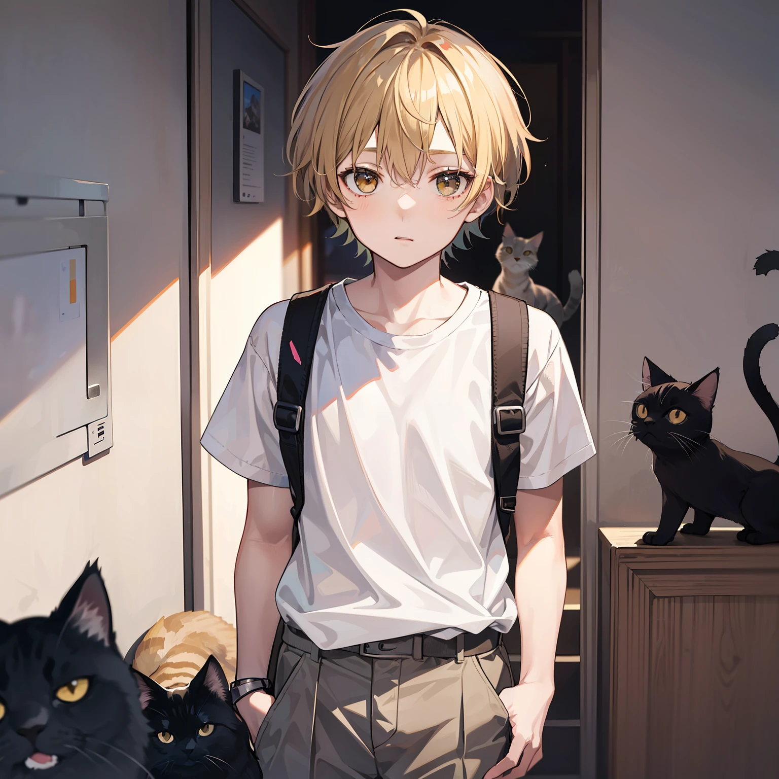 12 year old boy，Short blonde hair，Light brown eyes，Wear a white shirt，On the run，This is followed by a group of cats，tmasterpiece，hightquality