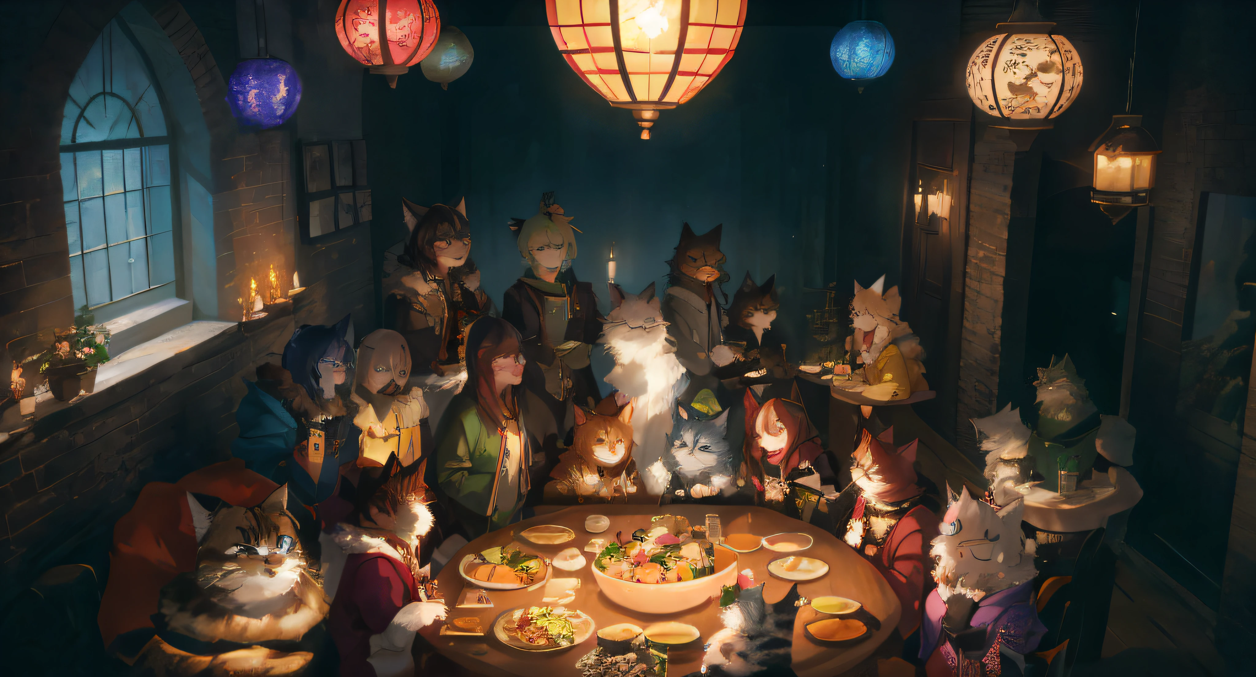 There are many cats sitting around the table,Holding food and candles, anime party of friend of wisdom, Family dinner, very very beautiful furry art, zerochan art, cats party, last supper, the table is full of food, by Cynthia Sheppard, furry fantasy art, at a dinner table, commissions for, warrior cats fan art, fursona art, Furry art!!!