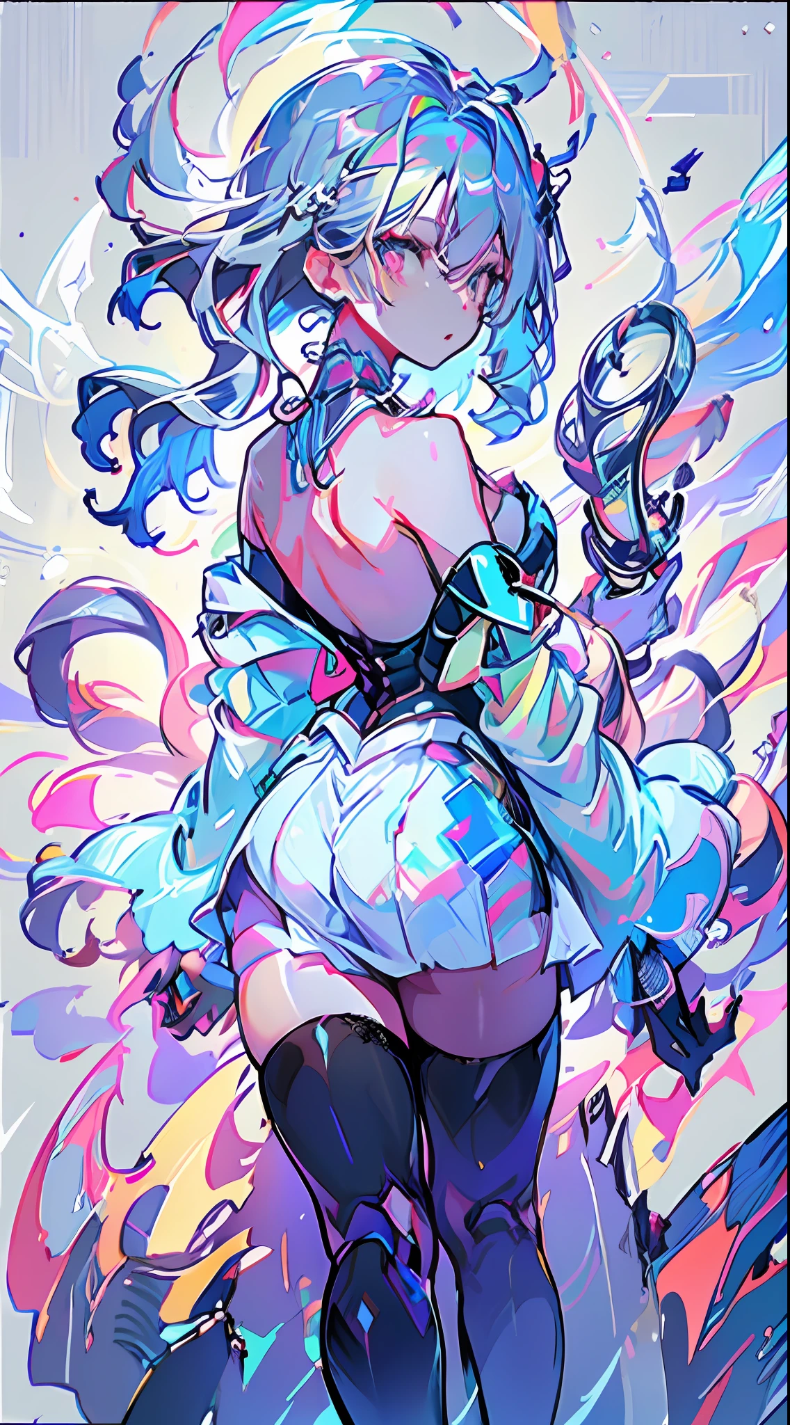 [(White background:1.5)::5], (Immidshot:0.95), (fullllbody:1.25), dinamic angle, [Bottle bottom],(Fisheye:1.4), (Faltcolor:1.3),colourfull,(​masterpiece:1,2)、very best quality、Highly detailed CG 8K wallpapers、very best quality、​masterpiece、Hi-Res、Original、highly detailed wallpaper、One girl、Look at the viewer、One girl、独奏、Float in colorful water、the ocean、natta、Floating in the colorful wind,Colorful fire floating,colorful simple background, (form_At the back:1.3),facing sideways,fullllbody, Dancing,Standing on one leg, (has silver hair:1.4),((half up:1.4 + hair wavy:0.9)) ,(joints:1.3),doll_joints,(doll_joints:1.5),human - shaped,eye closed,s asleep,Breathless,colourfull (ballerina,tutu,ballet_doress,Ballet slippers:1.2),White_Dress,(White_Dress,Strapless_Leotard:1.2),(Detached_Collar :1.2)、(Strapless:1.2)、(White lace_panthyhose:1.2)、(See-through pantyhose:1.2)、(skintight:1.2)、(White lace gloves:1.3)、(blanche+Layered+Onepiece:1.2)、Detached_the sleeve、ssee-through、Valley_cutout、barechested_Shoulder、(blanche_frilld_skirt by the:1.1)、(blanche_frilld_doress:1.1)、(Ren Hao_trim:1.1)、