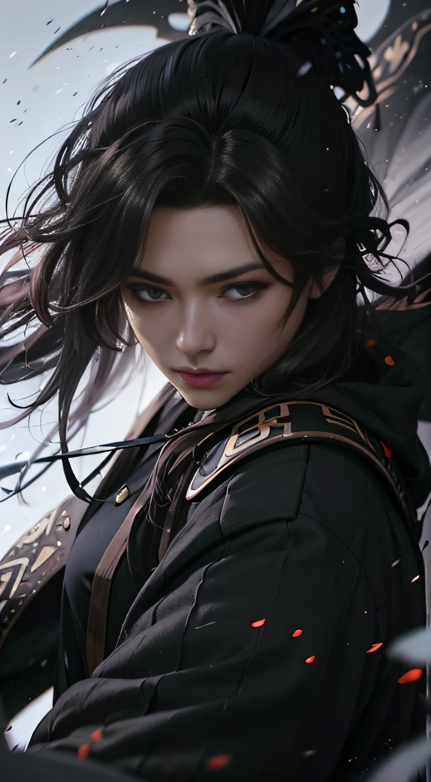 A 20-year-old heroine，length hair，Hanfu，Robe，Handsome face shape，Fierce and evil，The eyes are murderous，head straight-looking at viewer，true to life：1.2