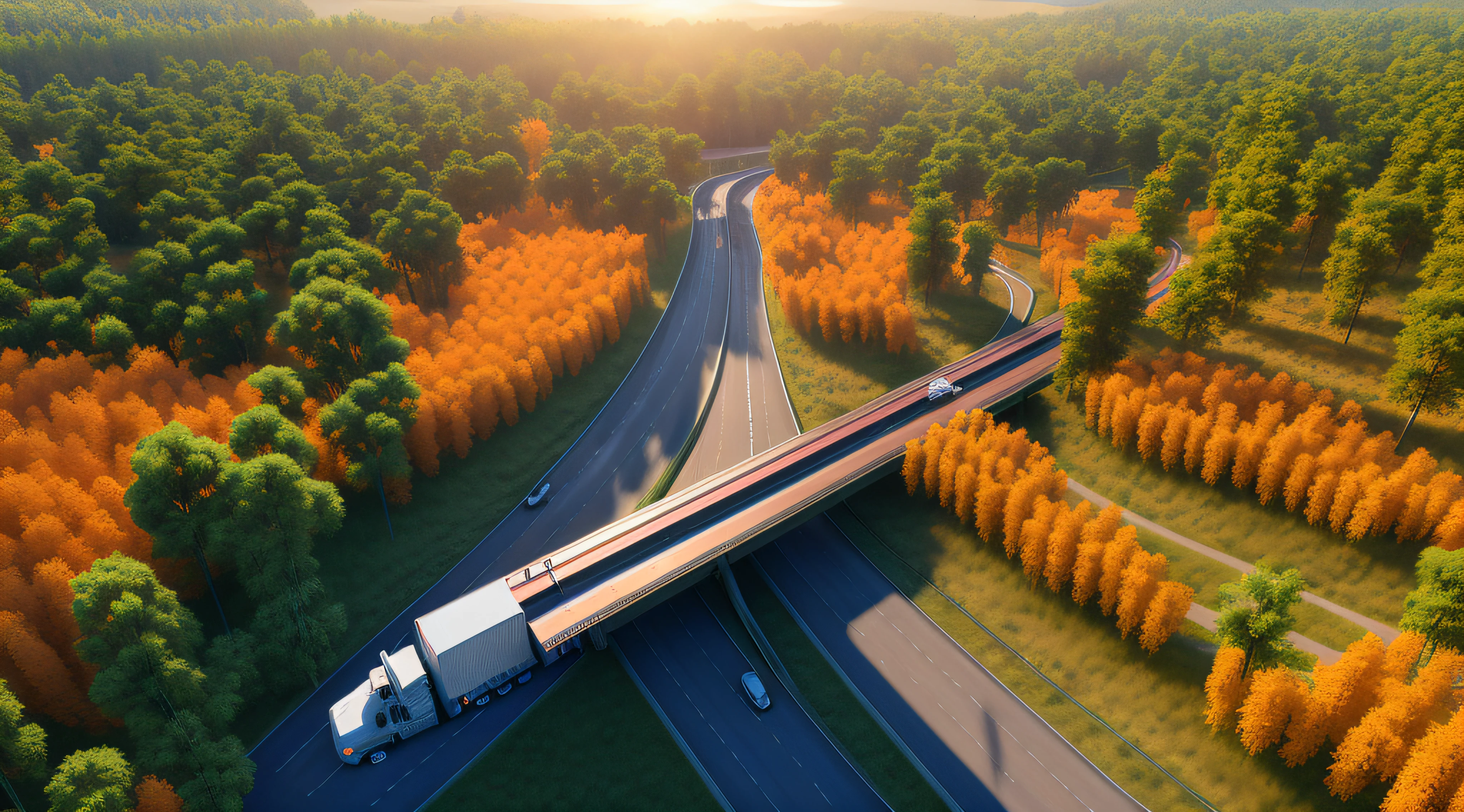 A large number of transport trucks，freeway，viaduct，forested，lakes，Realistic style，Sunlight shines from above，Screen warming，The sun is set above，Warm colors with gradients。Many large transport trucks and other vehicles weave between forests and lakes，Tilted viewing angle，Realistic details come to life。