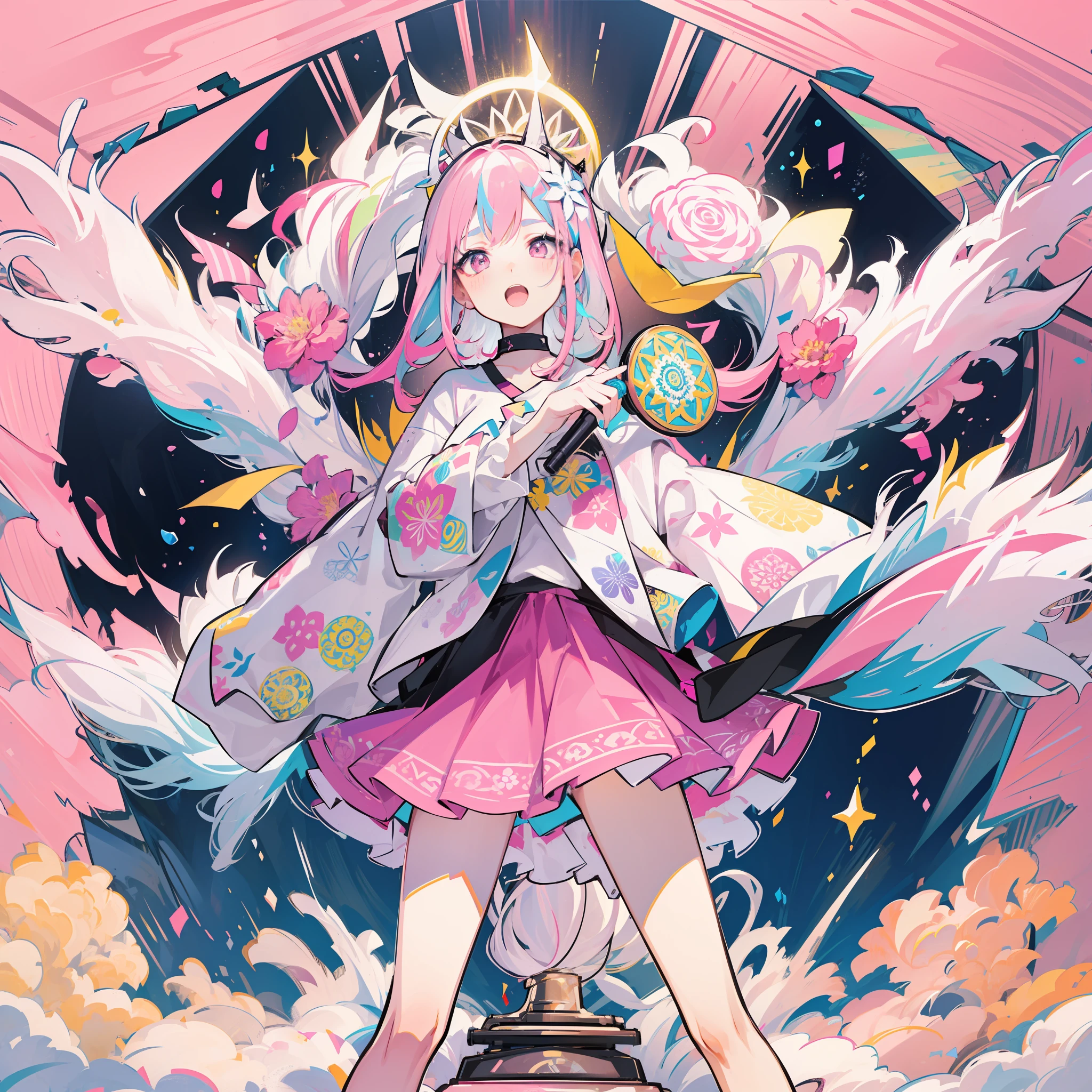 Colorful splash in background and foreground、beste-Qualit、Top image quality、(((Hyper Detail)))、Photoreal Stick、long hair of white and black and pink color,、Singing Beautiful Girl、microphone、Music、Big speakers、Colorful mandalas、Colorful splashes、frilld、Casual Fashion、Colorful Noise、Dynamic、animations