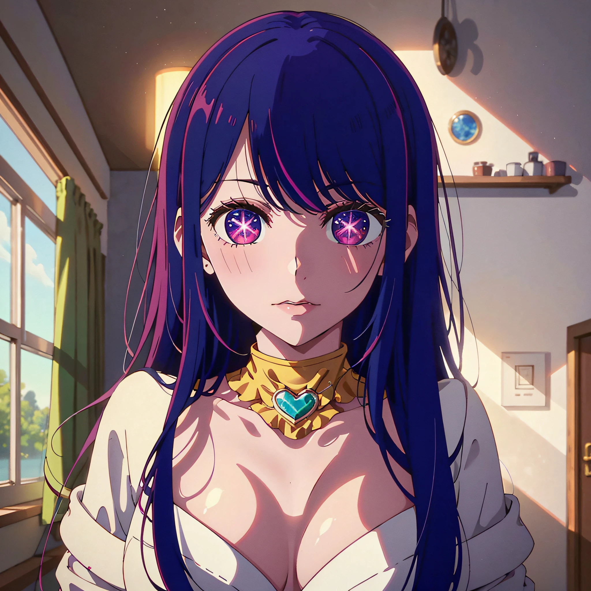 A high resolution,HighestQuali,illustratio,ultra detali,(Detailed face),(Detailed eyes),cinmatic lighting,best quailty,ultra detali,tmasterpiece,Fine lines,1girlhugebreasts,独奏,purple color hair,Purple eye,White coat,Pink shirt,jewelry,choker necklace,gloweyes,mediuml breasts,llight rays,(a color),Upper body body,inside room,liveroom