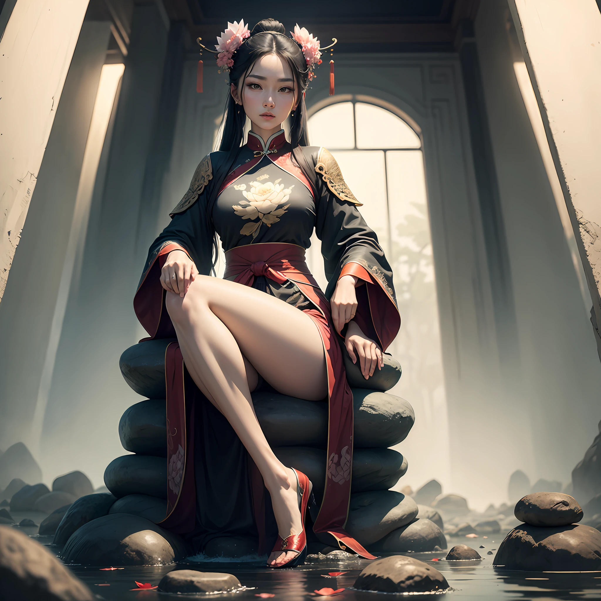 An ancient Chinese beauty sitting on a stone, wearing ancient Chinese clothing, flowing tulle, light silk, lazy posture, large lotus leaf, lotus, ink painting style, clean color, decisive cutting, blank, freehand, masterpiece, super detailed, epic composition, high quality, the highest quality, 4k --auto --v 6