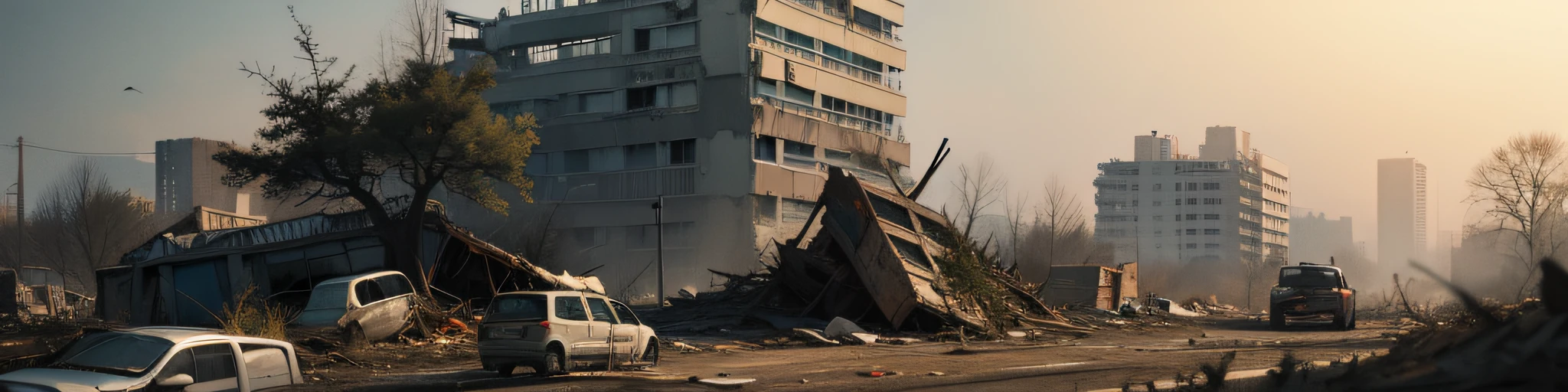 Dilapidated buildings, Smoggy air, Collapsed high-rise buildings, Scrap car lying in the rubble, Wilted trees and lawns, Windswept wreckage and rubble, Silence without human activity, Ragged clothes and furniture, Weeds and wildlife in the wasteland, The distant doomsday sky。