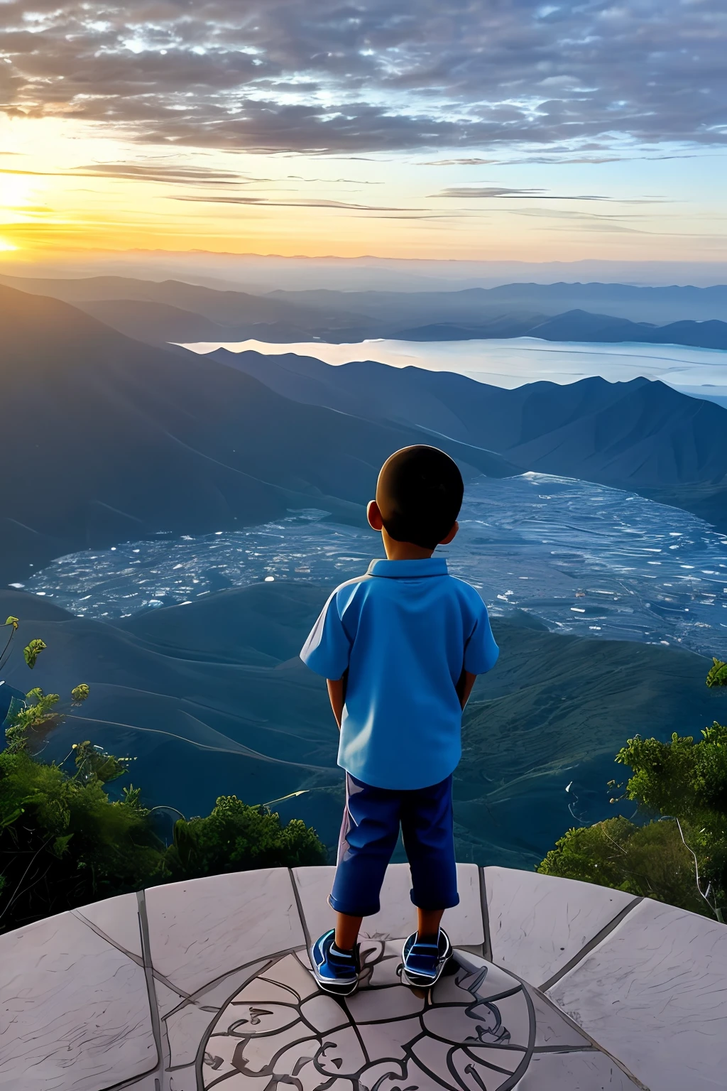 guttonerdvision6, retrato de um nascer do sol de cima das montanhas, with yellowish sky, azul, alaranjado, intricate, and a bespectacled 3-year-old boy looking at the sunrise horizon. Corpo inteiro. Ele veste roupas de aventura. Abaixo e ao fundo da montanha uma cidade aparece deafocada demonstrando a altura em que o garoto esta. Ilustracao detalhada, rica em detalhes feita pelo artista Alex Ross