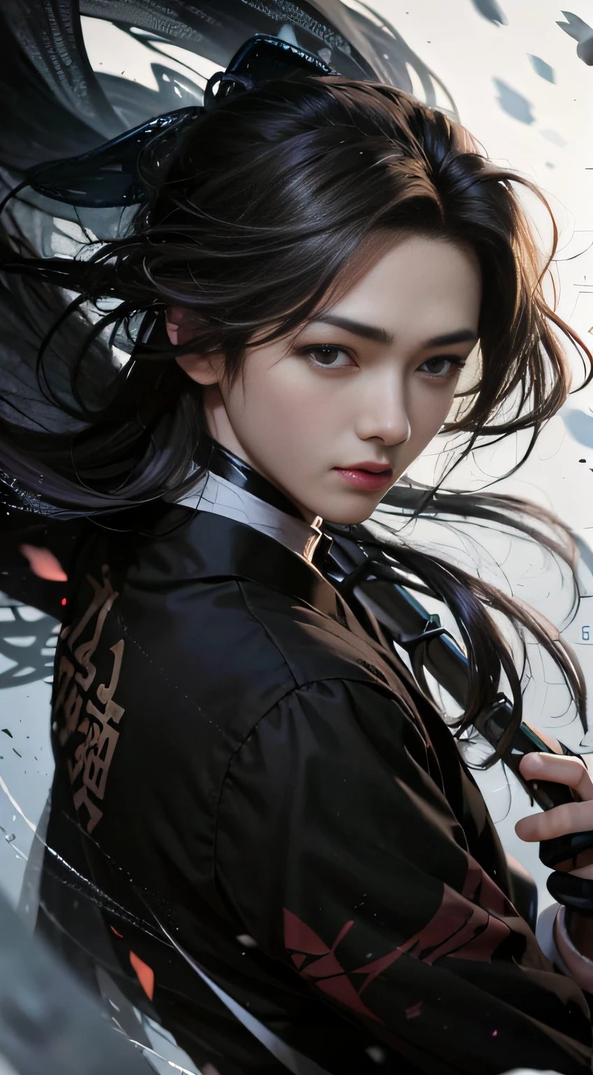 A 20-year-old heroine，length hair，Hanfu，Robe，Handsome face shape，Fierce and evil，The eyes are murderous，head straight-looking at viewer，true to life：1.2