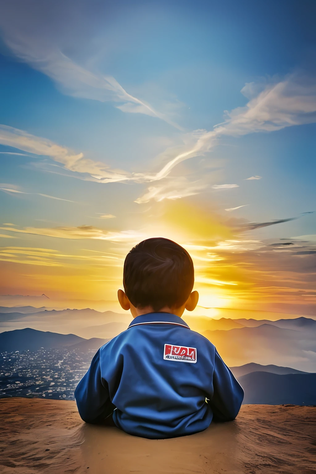 guttonerdvision6, retrato de um nascer do sol de cima das montanhas, with yellowish sky, azul, alaranjado, intricate, and a bespectacled 3-year-old boy looking at the sunrise horizon. Corpo inteiro. Ele veste roupas de aventura. Abaixo e ao fundo da montanha uma cidade aparece deafocada demonstrando a altura em que o garoto esta. Ilustracao detalhada, rica em detalhes feita pelo artista Alex Ross