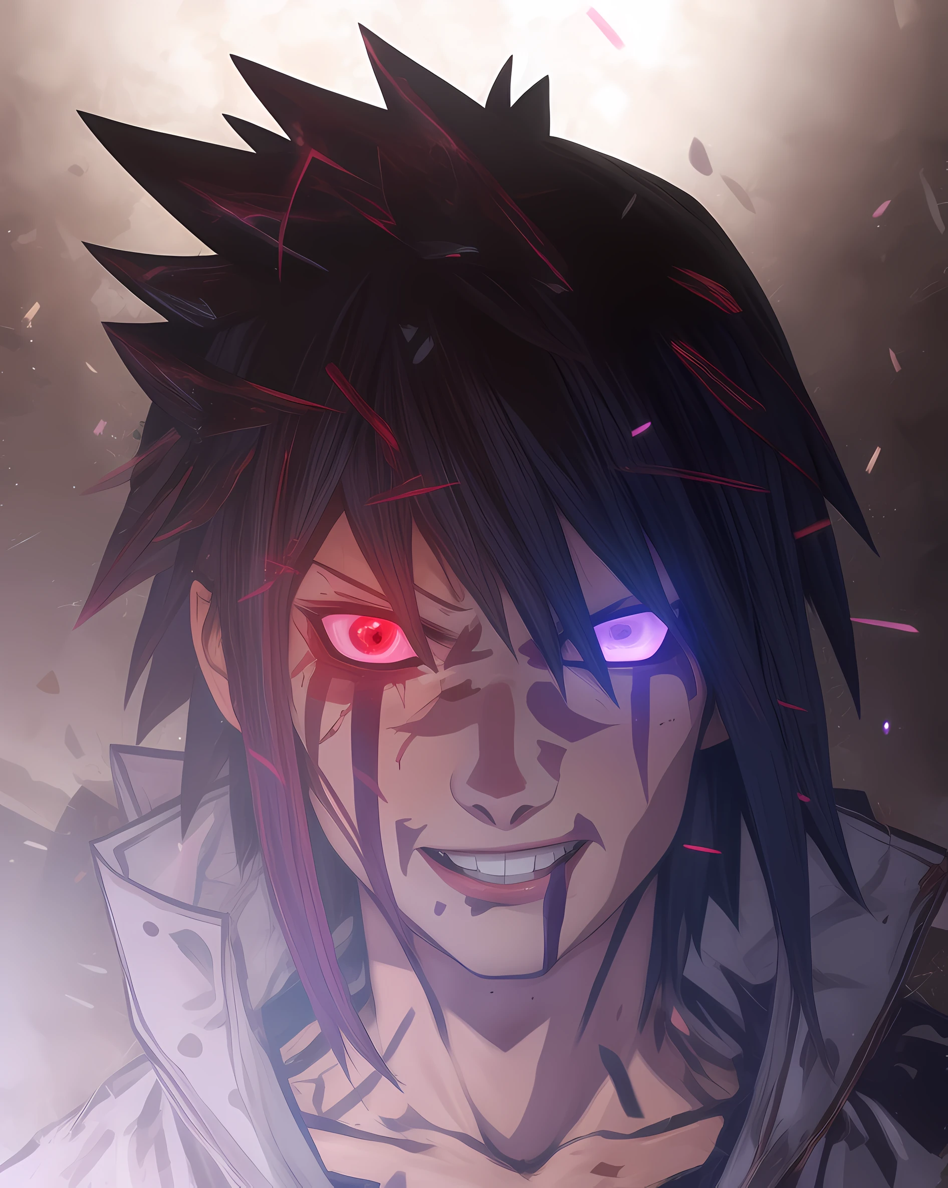 personagem de anime com olhos brilhantes e um cabelo preto, sasuke uchiha, badass anime 8 k, olho esquerdo vermelho e o direito roxo  brilhando,  your eyes are bleeding , his eyes are bright red and purple, Motor Unreal 5 , ..3d , olho sharigan e rinnegan