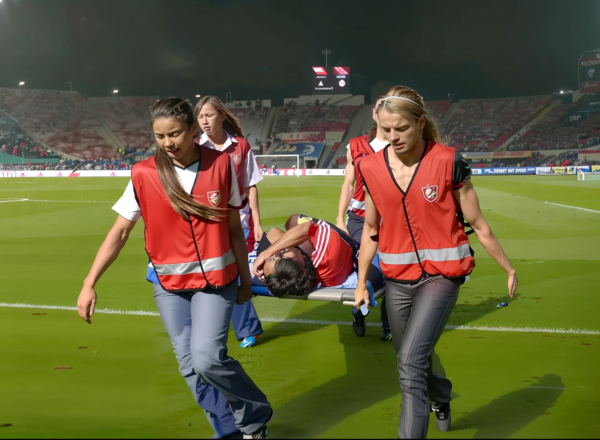 there is a wounded sportsman lying on a stretcher with his hands covering his agonised face, there is a hurt soccer player who is covering his agonised face with his hands while he is rearing up on a stretcher, there is a soccer plyer who is lying on a stretcher and covering his agonised face with his hands, a soccer scene in a chinese sports stadium, rainy weather, wet ground, rainfall, injury scene in a sports stadium, stretcher carry, there are two young schoolgirls in shiny leather-trousers carrying a stretcher, there are two longhaired schoolgirls in high-shine latex-leggings who are carrying a strecther in a rainy sports stadium, there is a wounded male soccer player in a short sports outfit lying on the stretcher, an injured male soccer player is lying on his back on a stretcher and is grabbing his hurting leg with his hands, a soccer player is rearing up in intense pain while lying on his back on a stretcher and grabbing his injured leg with his hands, dramatic scene, thatralic posing scene, dramatic pity scene, injury soccer, first aid, help, pity, there are two very angry looking schoolgirls in shiny latex-trousers who are looking very sad and very terrified and very shocked, the injured soccer player is screaming out in pain while he is carried from the pitch on a stetcher through the rain