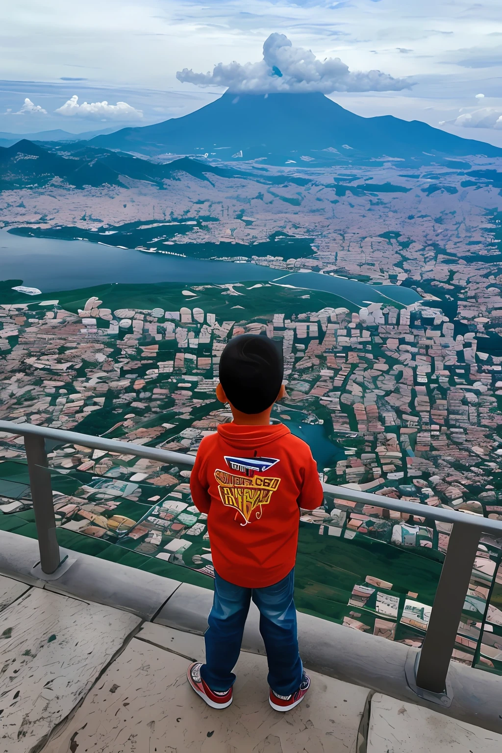 guttonerdvision6, retrato de um nascer do sol de cima das montanhas, with yellowish sky, azul, alaranjado, intricate, and a bespectacled 3-year-old boy looking at the sunrise horizon. Corpo inteiro. Ele veste roupas de aventura. Abaixo e ao fundo da montanha uma cidade aparece deafocada demonstrando a altura em que o garoto esta. Ilustracao detalhada, rica em detalhes feita pelo artista Alex Ross