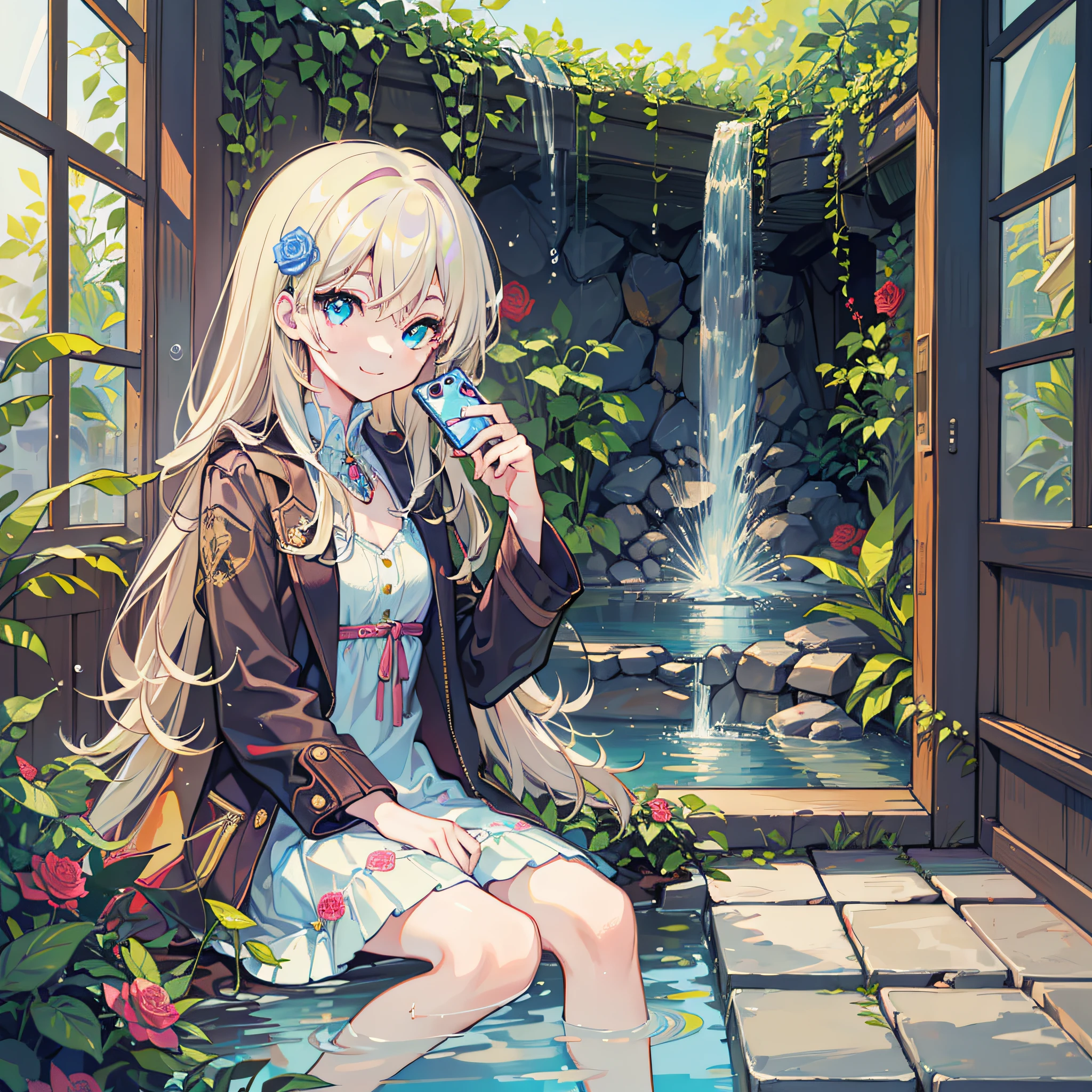(masterpiece), (best quality),(ultra-detailed),
(Foliage plant:1.3) , ((fountain,water:1.3)), luster,Flower, rose Garden,indoor, (alcove , arbor:1.2) ,room ,Garden room,open window,(lamp),rose,(visual Impact:1.5),splash Flower, (crystal clear water:1.4),(botanical garden:1.3),small waterfall,
BREAK
(masterpiece), (best quality),(ultra-detailed), (disheveled hair:1.0),
(1girl), , 6 yesmall breasts:0.9),
red eye, blue eye, heterochromia, (long hair), (blond hair),(colorful hair:1.0),
long coat,(barefoot:1.4),
smile, knees up, hand in own hair,
(looking at viewer:1.4) , (selfie)